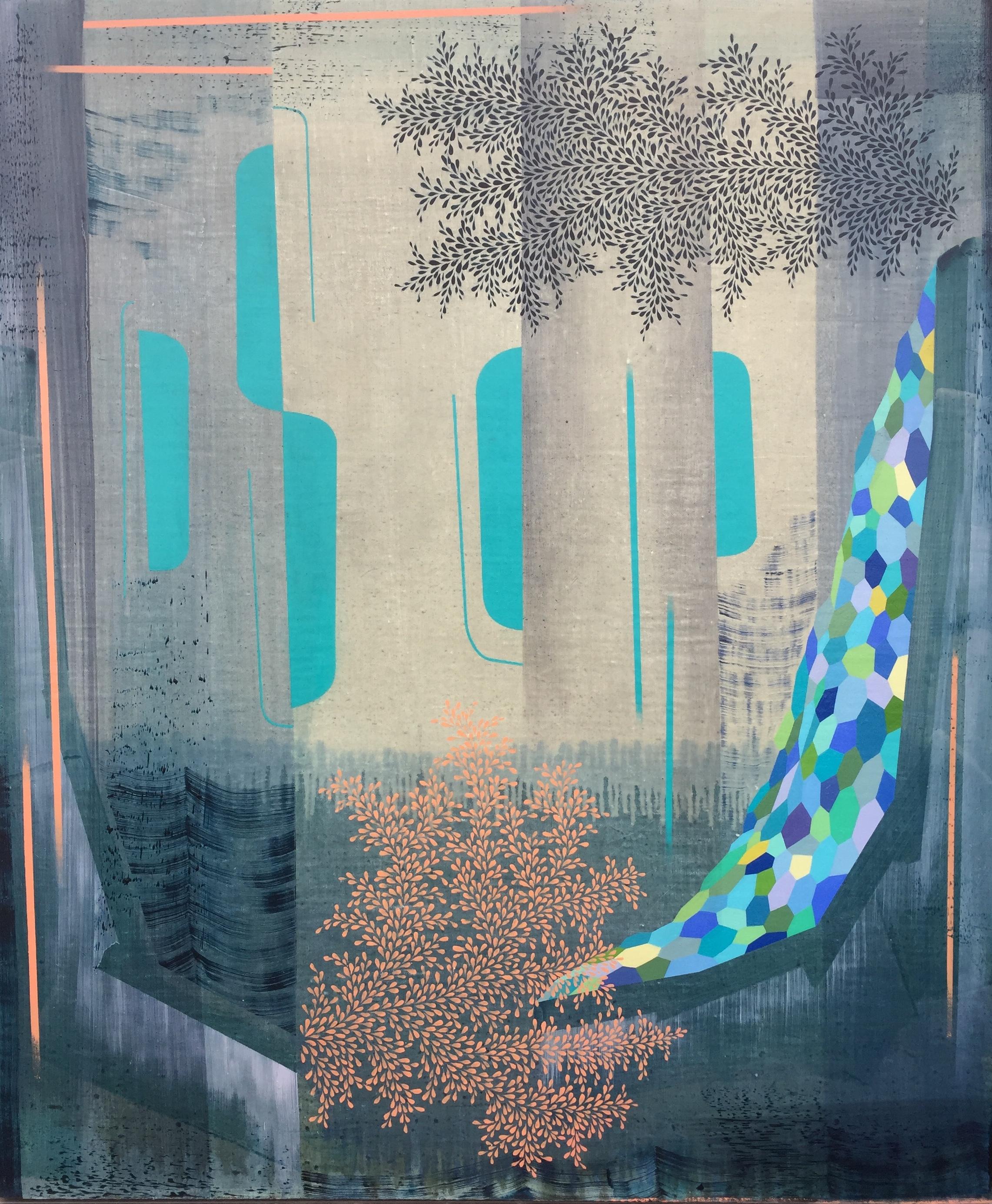 Sister Midnight, Indigo Blue, Teal Green, Peach Abstract Pattern Landscape