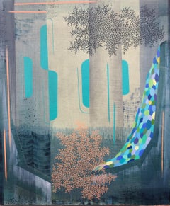 Paysage à motif abstrait Sister Midnight, bleu indigo, vert sarcelle, pêche