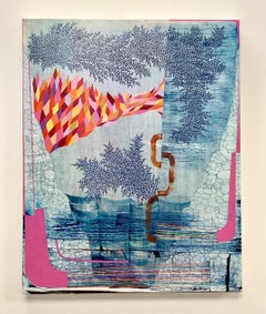 Six Hits of Sunshine, Vertical Abstract Painting in Blue, Pink, Orange, Yellow