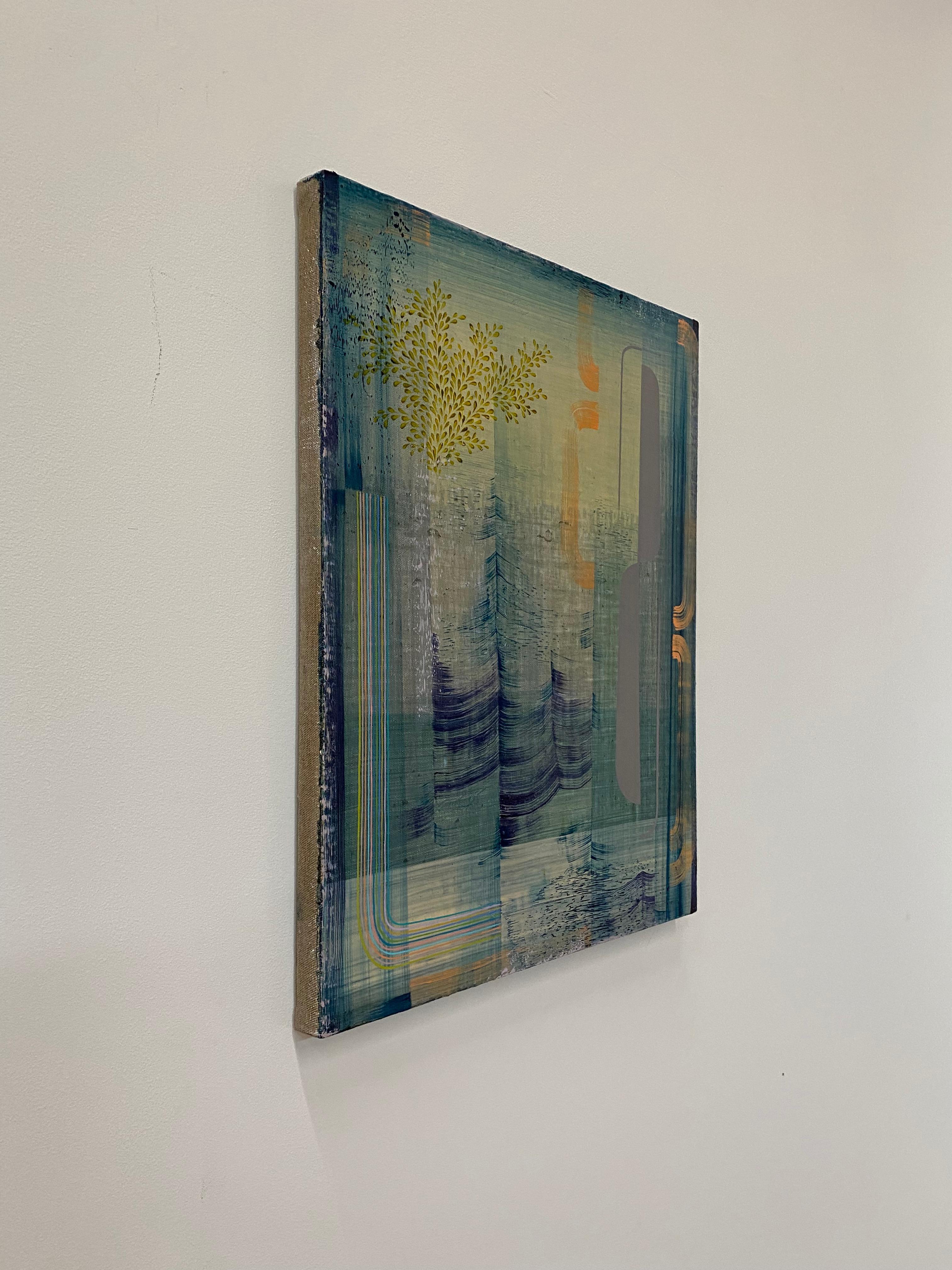 Carefully ordered patterns, geometric shapes and delicate lines in light periwinkle gray, pale peach and yellow ochre on a soft, atmospheric blue green background. Signed, dated and titled on verso.

Exploring a world beyond tangible reality, Brown