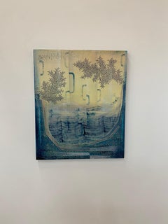 Strange Trails, Abstract Painting in Indigo, Teal Blue, Pale Peach