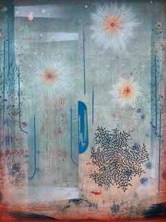 Macchia solare - Blu, rosso corallo, motivi geometrici astratti, strisce, foglie, 2025