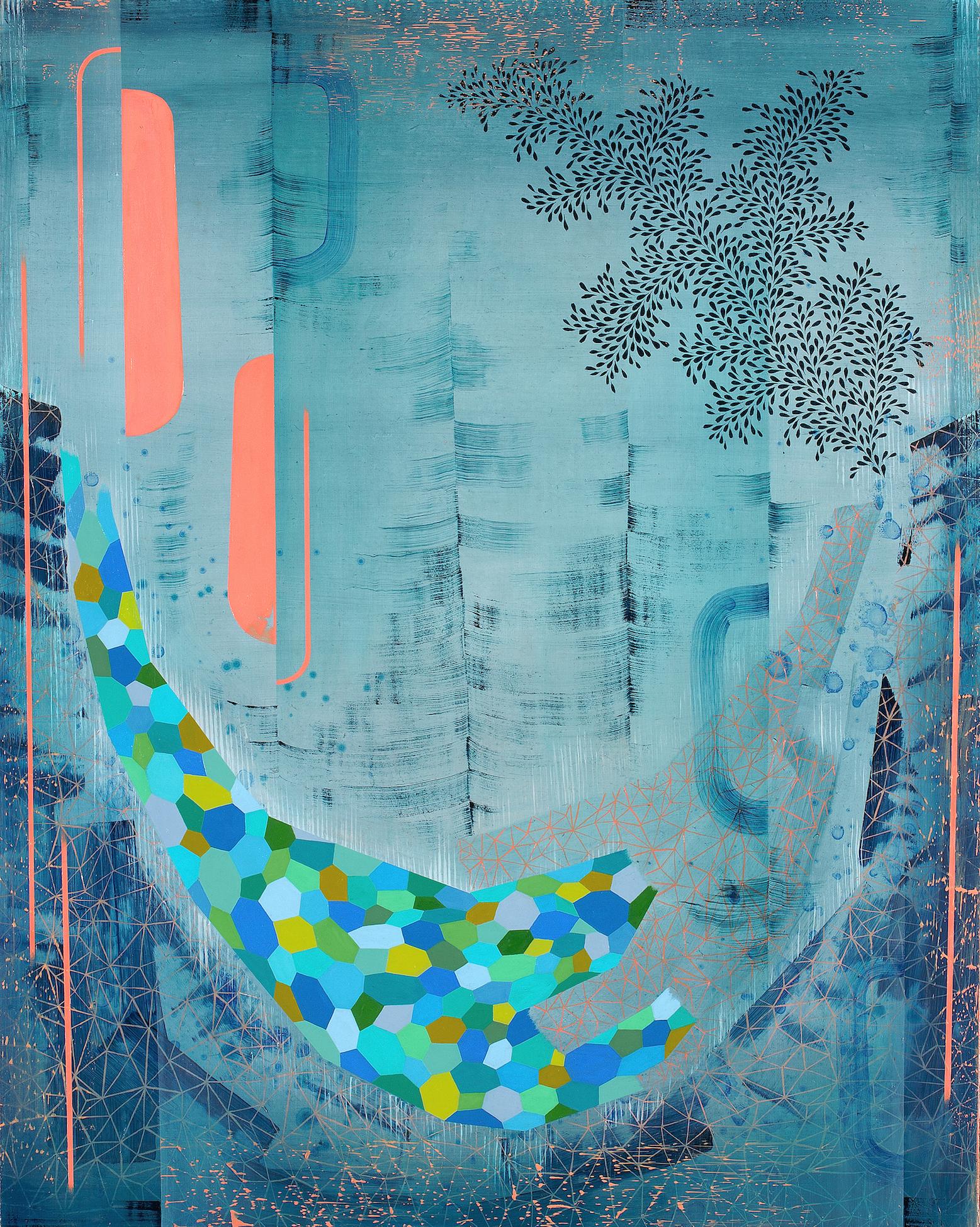 Carefully ordered patterns, geometric shapes and delicate lines in luminous light pale peach, teal, olive green, ochre and blue on a light blue background with a dark indigo leaf pattern. Signed, dated and titled on verso.

Exploring a world beyond
