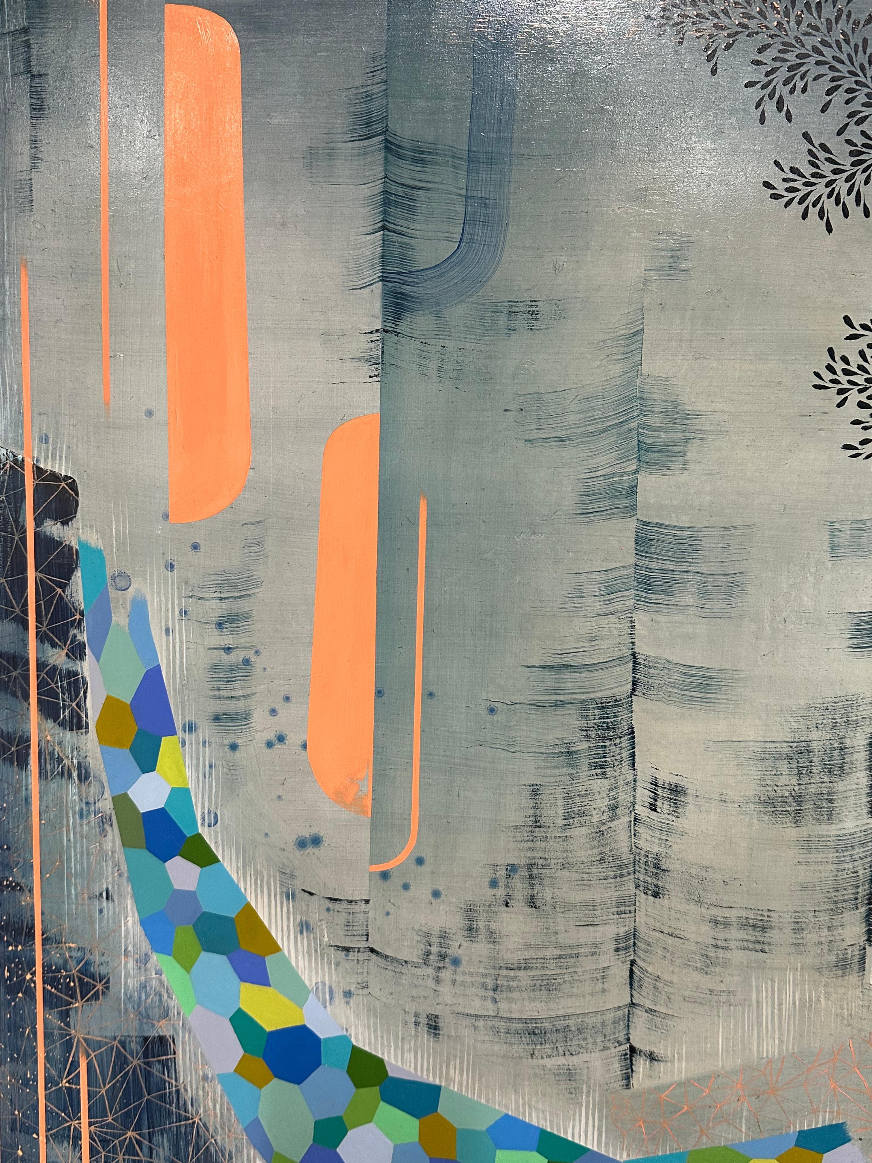 Contemporary painting in oil on linen mounted on panel with carefully ordered patterns, geometric shapes and delicate lines in luminous light pale peach, teal, olive green, ochre and blue on a light blue background with a dark indigo leaf pattern.