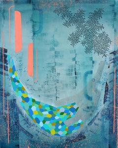 Trails End - Blue Cobalt Peach Leaves Abstract Pattern, 2023