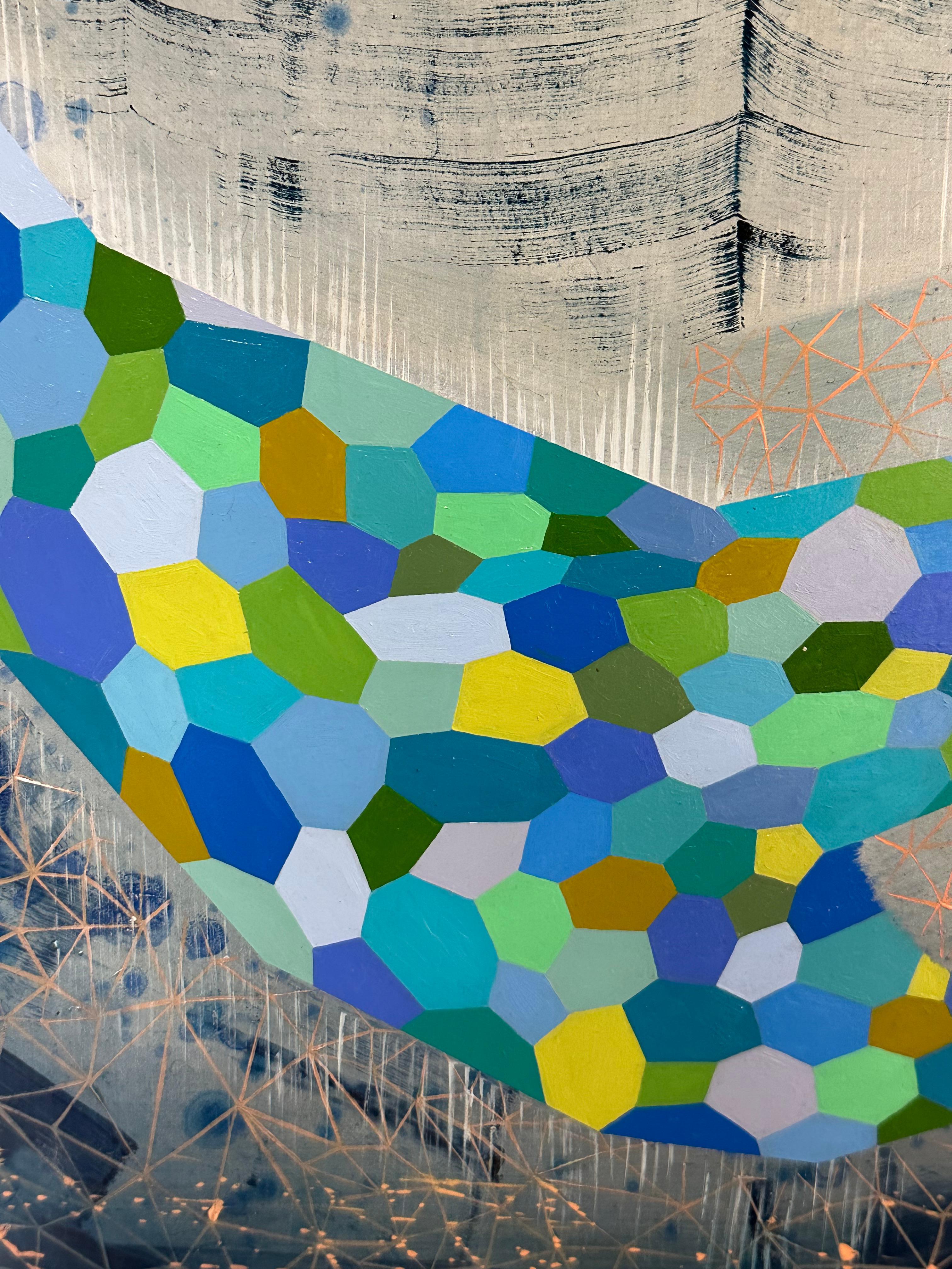 Trails End, Azul, Índigo, Cobalto, Melocotón, Hojas Abstracto Patrón Albaricoque - Painting de Gabe Brown
