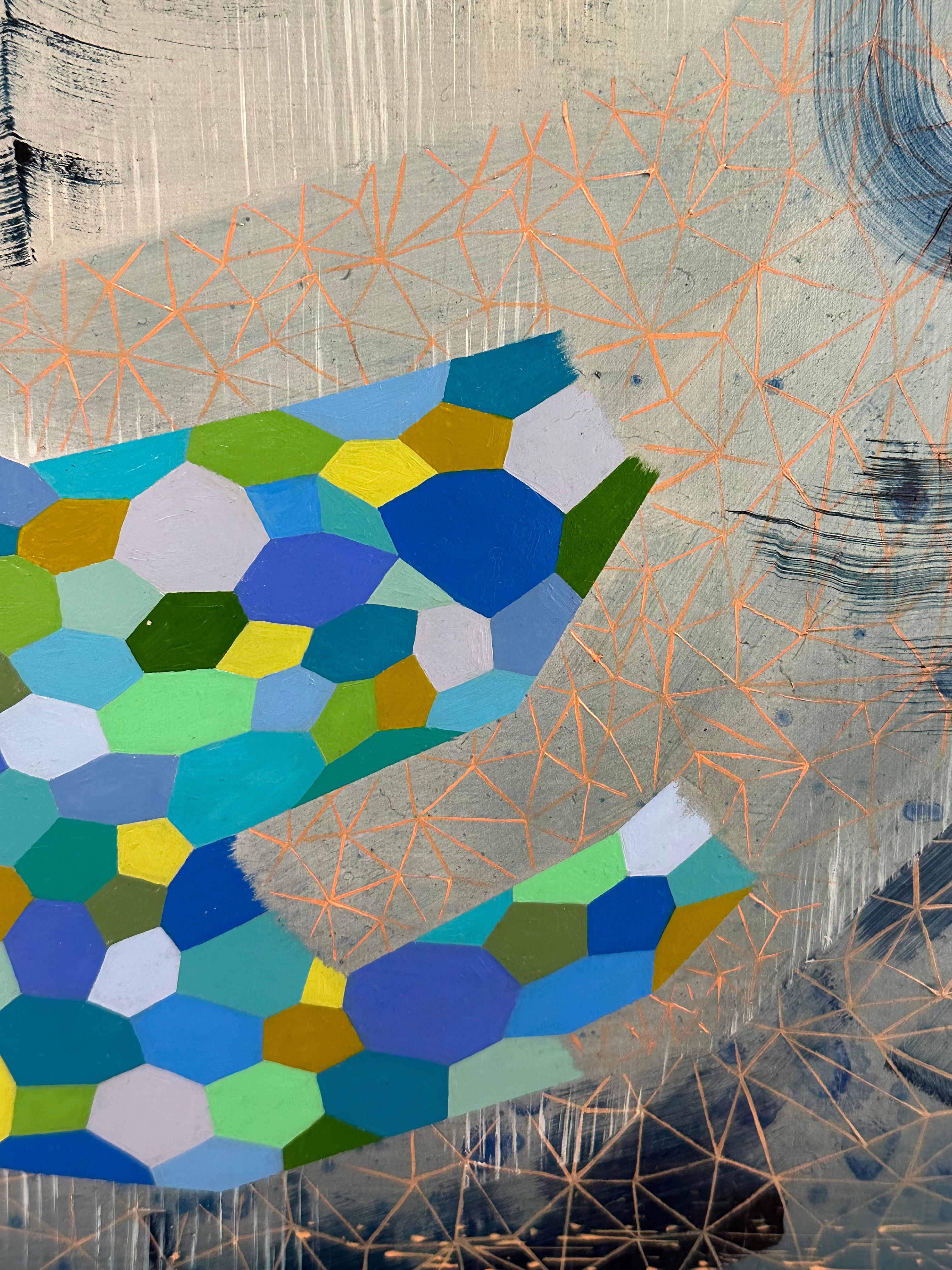 Trails End, Azul, Índigo, Cobalto, Melocotón, Hojas Abstracto Patrón Albaricoque - Painting Contemporáneo de Gabe Brown