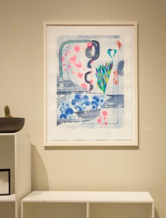 Abstrakte Landschaft ohne Titel 342, Marineblau, Weiß, Fuchsia, Aquamarinmuster