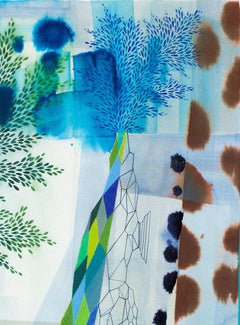 Untitled 436, Vertical Abstract Landscape with Blue, Green, Brown Patterns