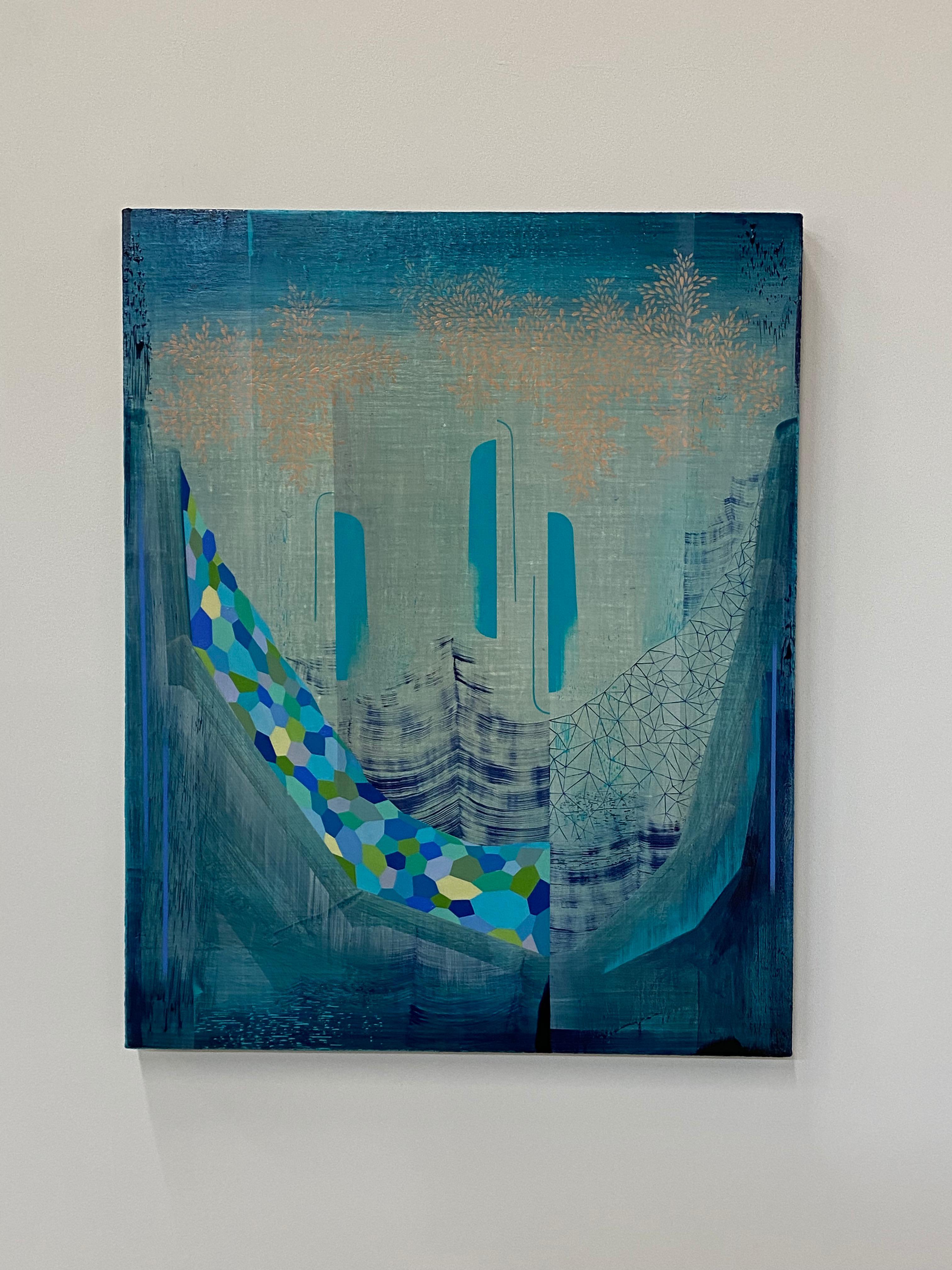 Water Diaries, Teal Blue, Indigo, Light Green, Peach Pattern Abstract Landscape - Painting by Gabe Brown
