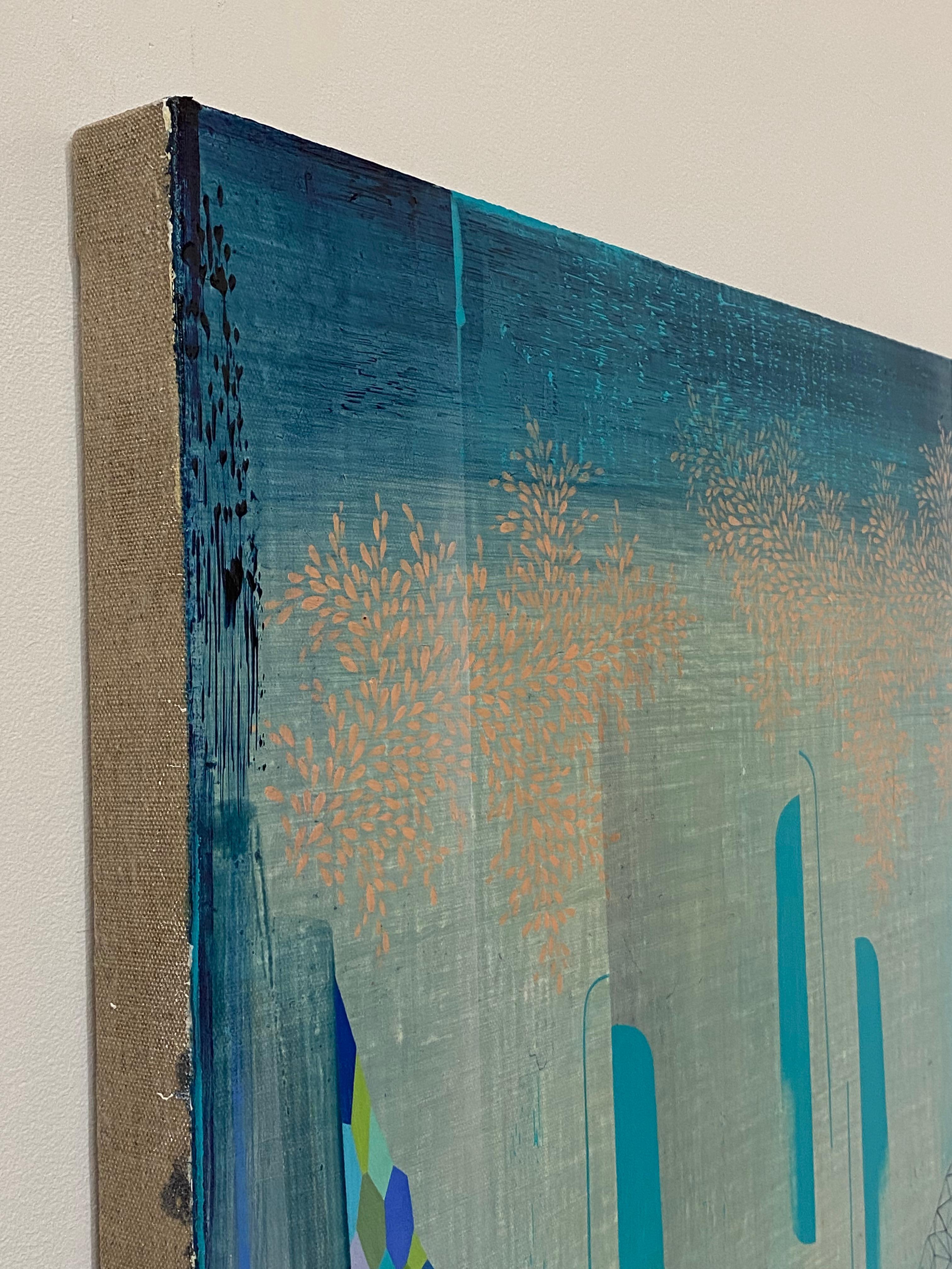 Water Diaries, Teal Blue, Indigo, Light Green, Peach Pattern Abstract Landscape - Contemporary Painting by Gabe Brown