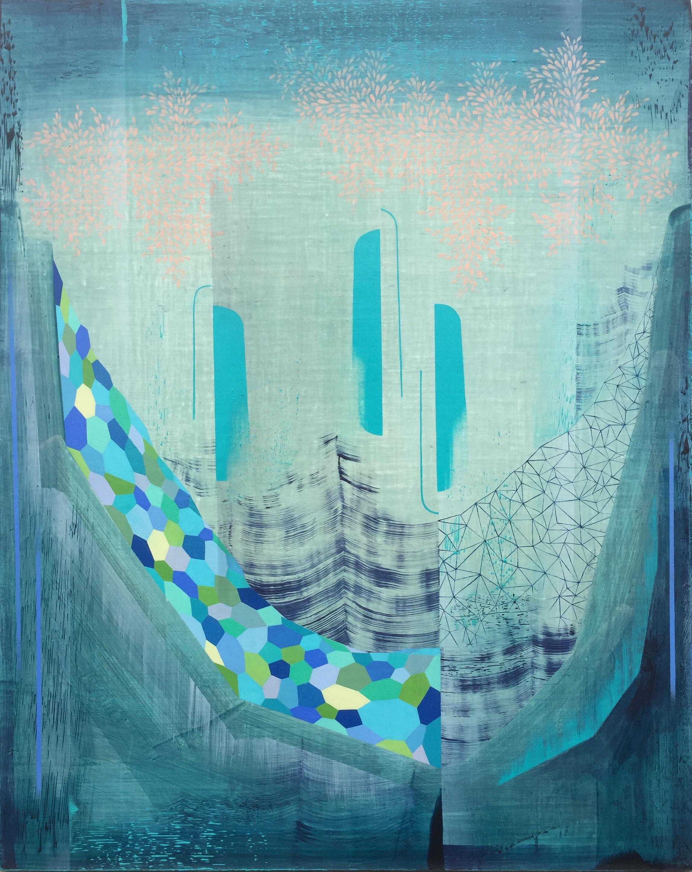 Paysage abstrait bleu sarcelle, indigo, vert clair, motif pêche