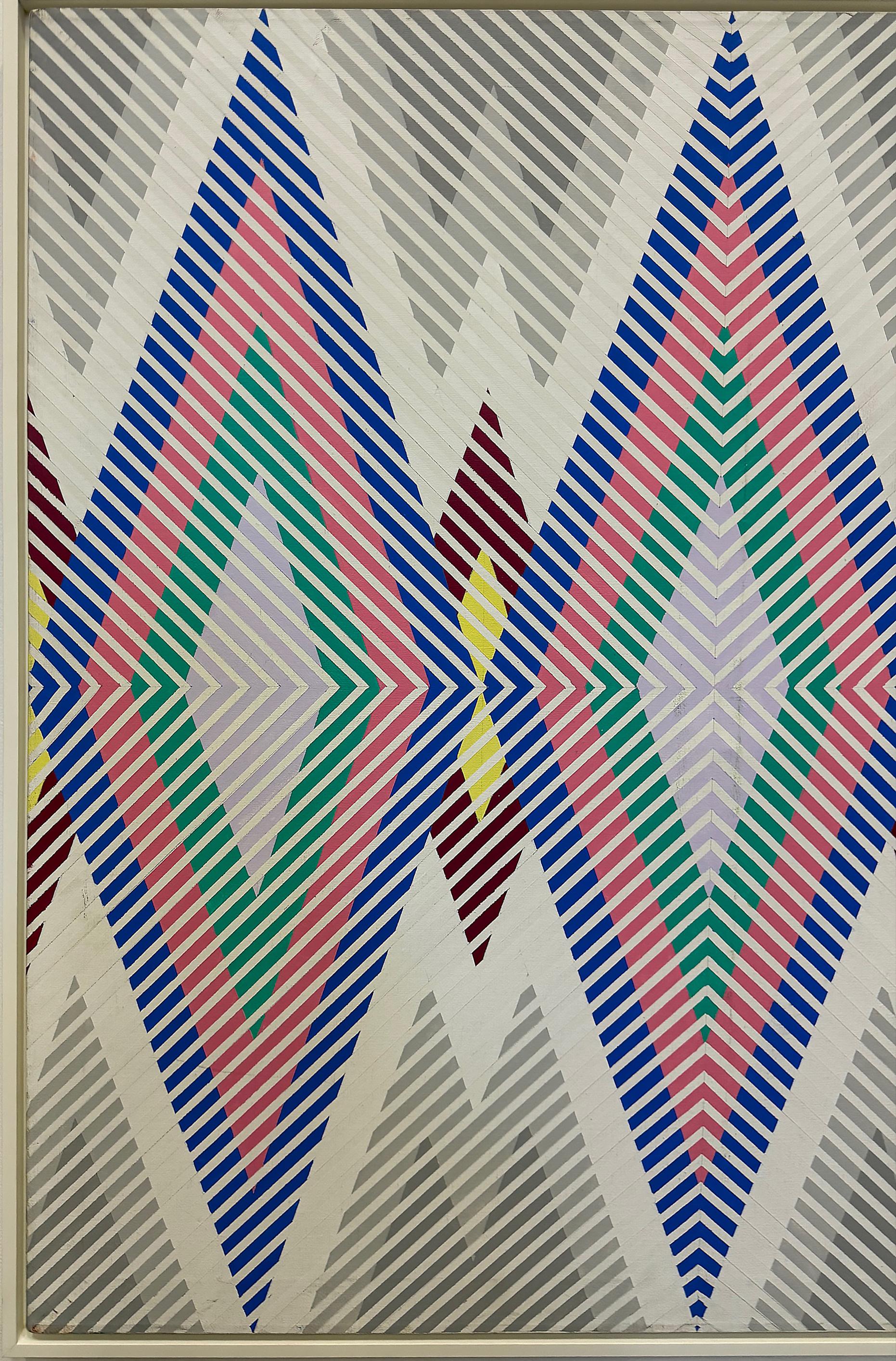 



Gabe Silverman 1980er Jahre abstrakte Op-Art-Gemälde auf Leinwand, neu gerahmt

Zum Verkauf angeboten wird ein überdimensionales Original-Op-Art-Gemälde, das kürzlich in einer Zeitkapsel aus den 1980er Jahren entdeckt wurde. Dieses Werk stammt