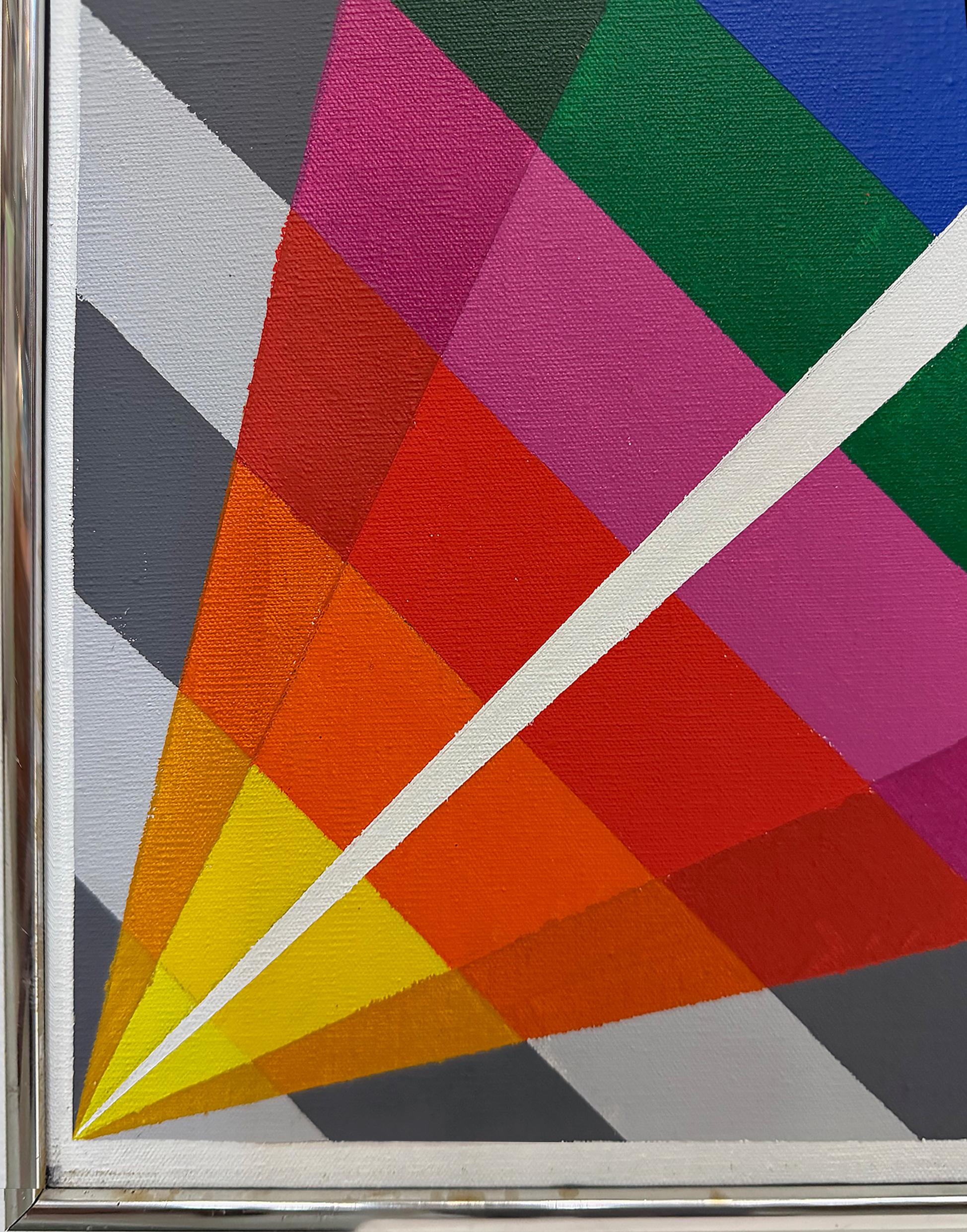 Metallo Gabe Silverman 1980s Abstract Op Art Painting on Canvas, Original Frame in vendita