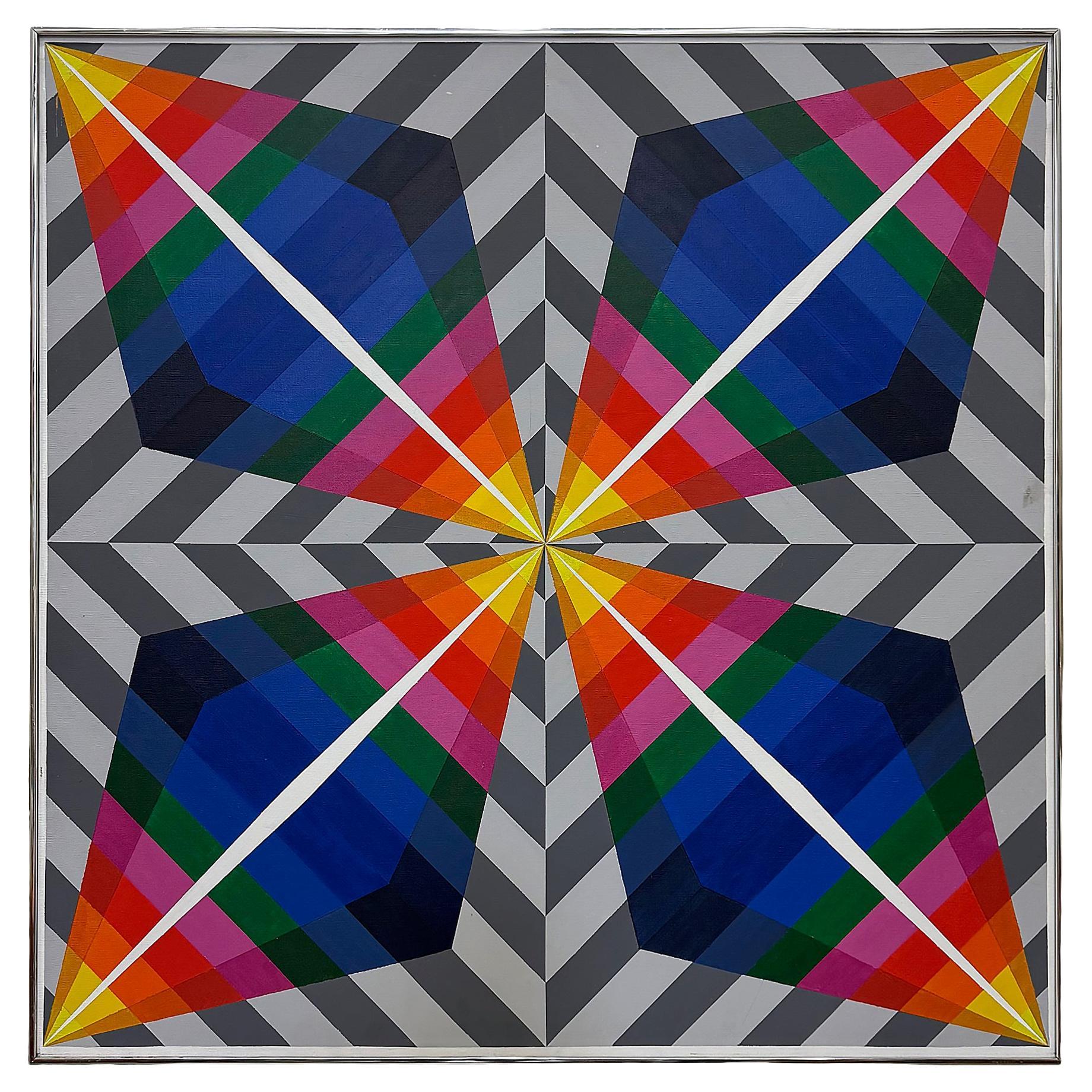 Gabe Silverman 1980s Abstract Op Art Painting on Canvas, Original Frame