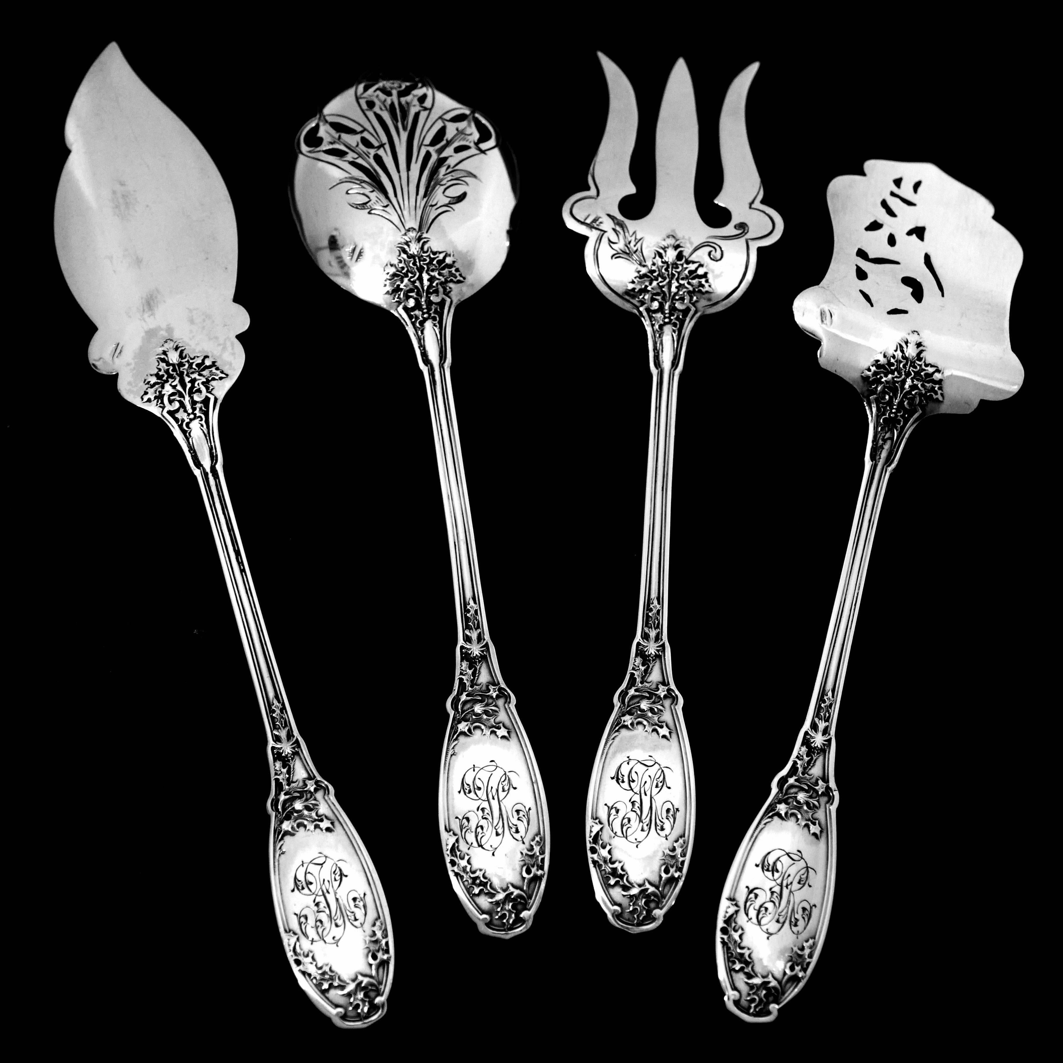 Gabert French Sterling Silver Hors D'oeuvre Dessert Set Four-Piece, Art Nouveau 7