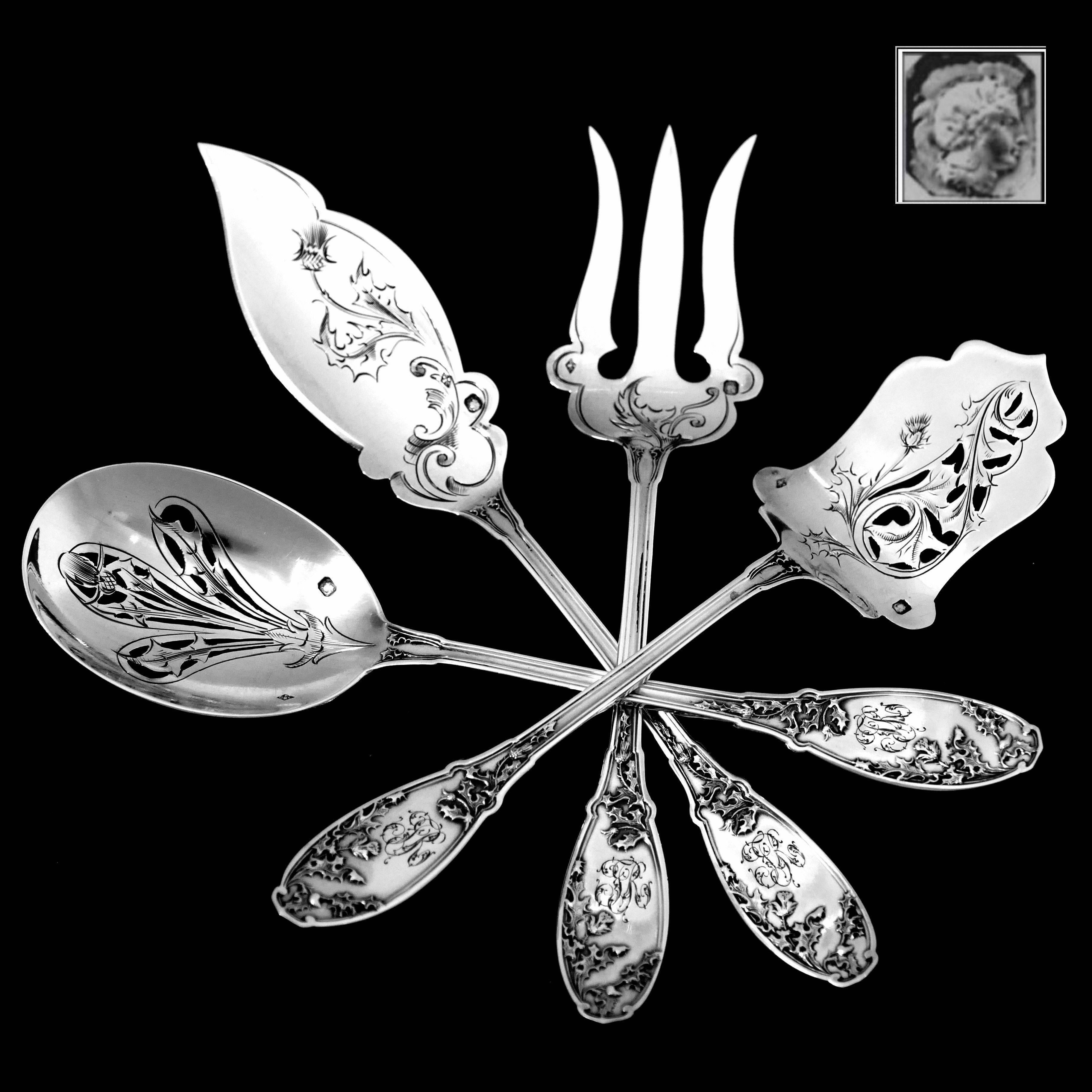 Gabert French Sterling Silver Hors D'oeuvre Dessert Set Four-Piece, Art Nouveau In Good Condition In TRIAIZE, PAYS DE LOIRE