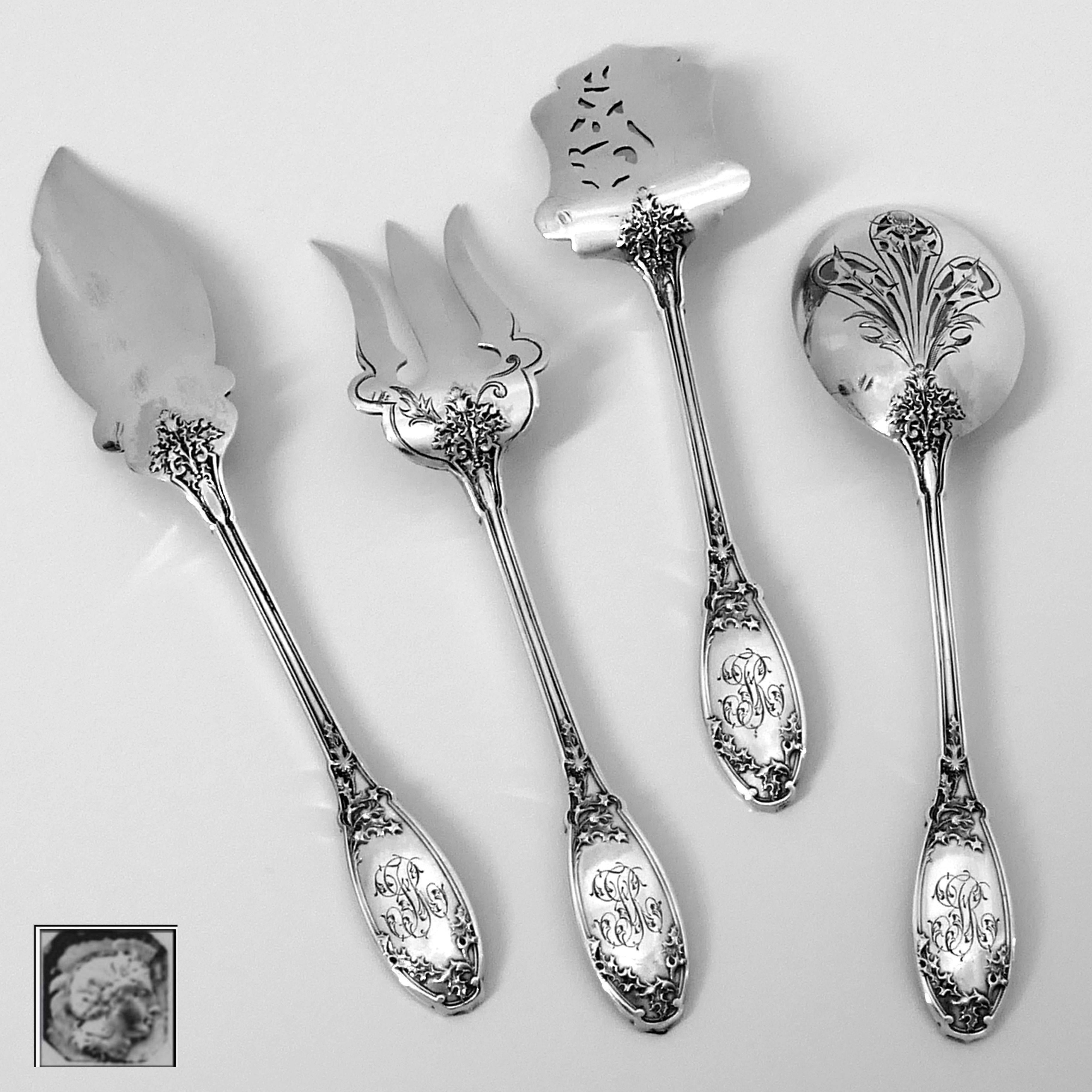 Gabert French Sterling Silver Hors D'oeuvre Dessert Set Four-Piece, Art Nouveau 3