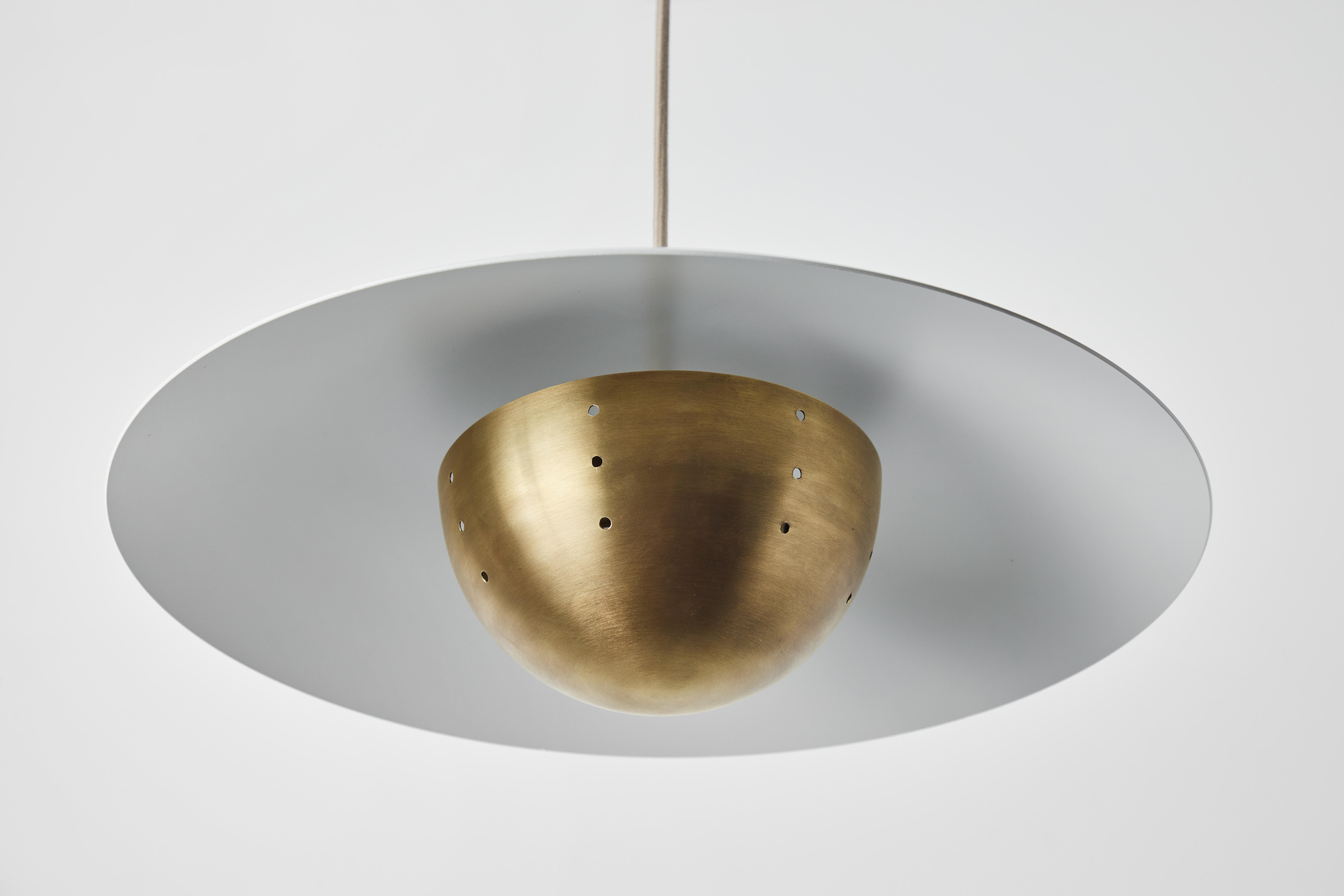 Mid-Century Modern 'Gabi' Perforated Brass Dome & White Painted Metal Pendant by Alvaro Benitez For Sale