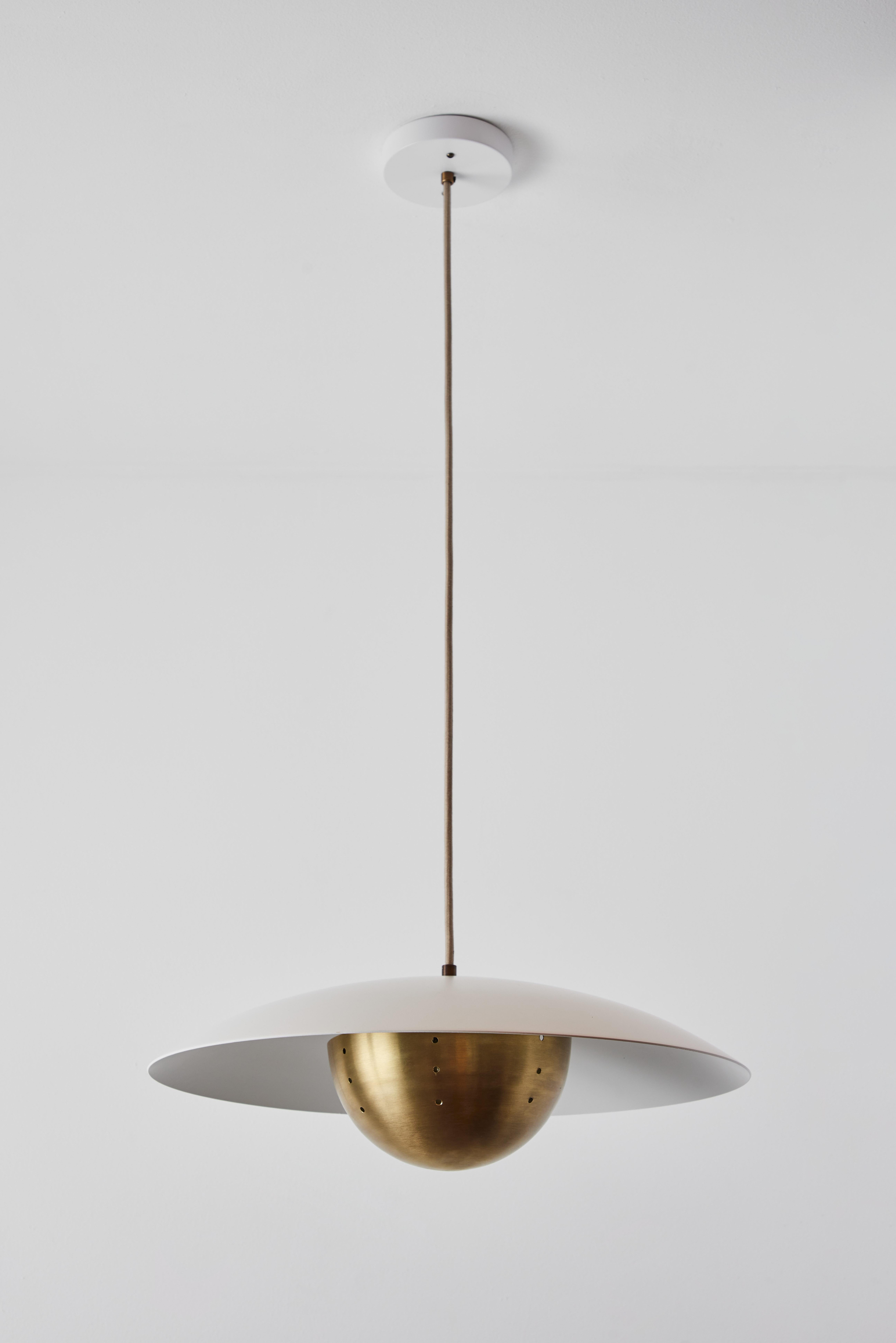 Contemporary 'Gabi' Perforated Brass Dome & White Painted Metal Pendant by Alvaro Benitez For Sale