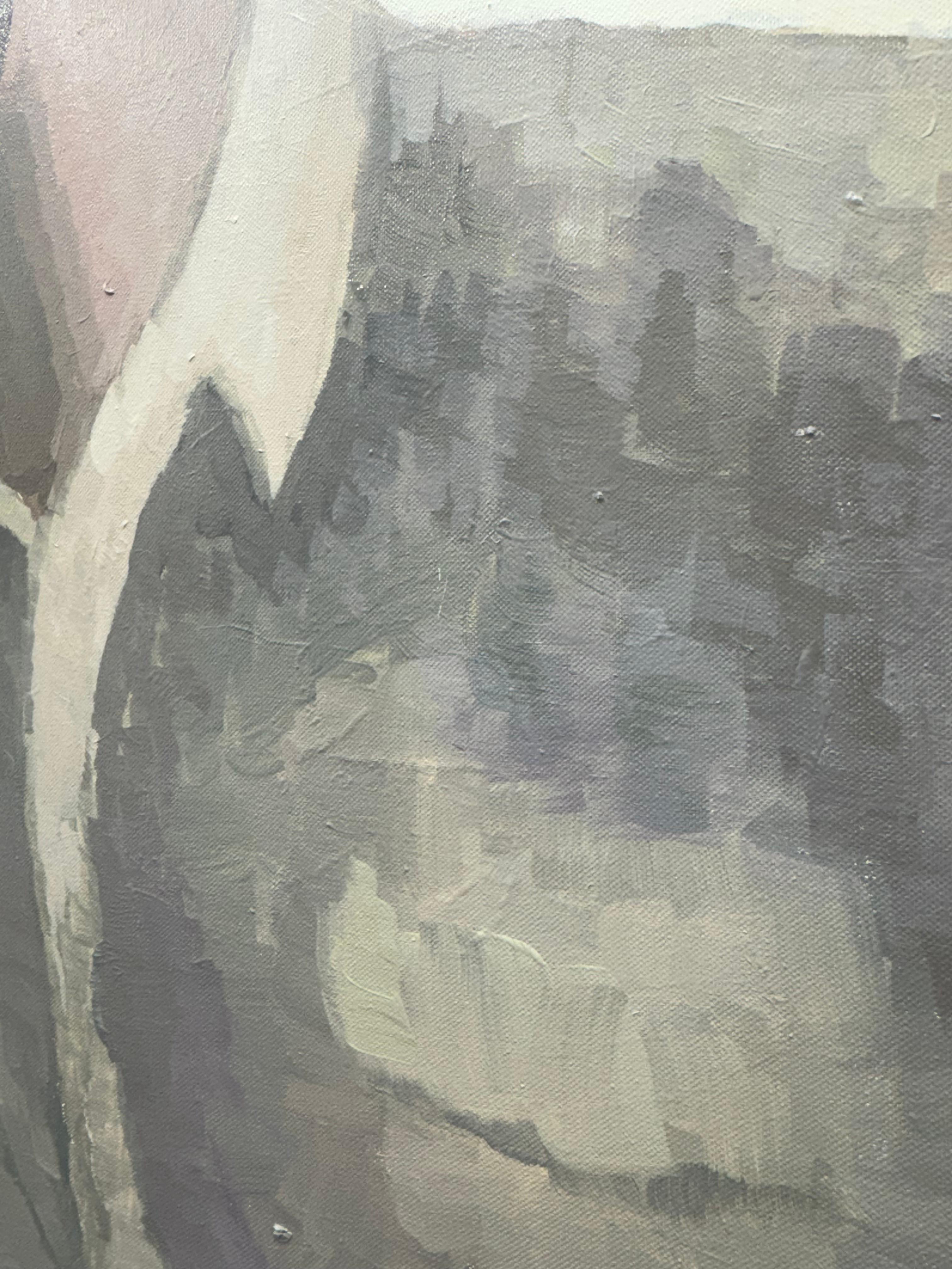 Zeitgenössisches Ölgemälde auf Leinwand - Pastellfarben - Der Kuss (Grau), Portrait Painting, von Gabija Pritkovaite