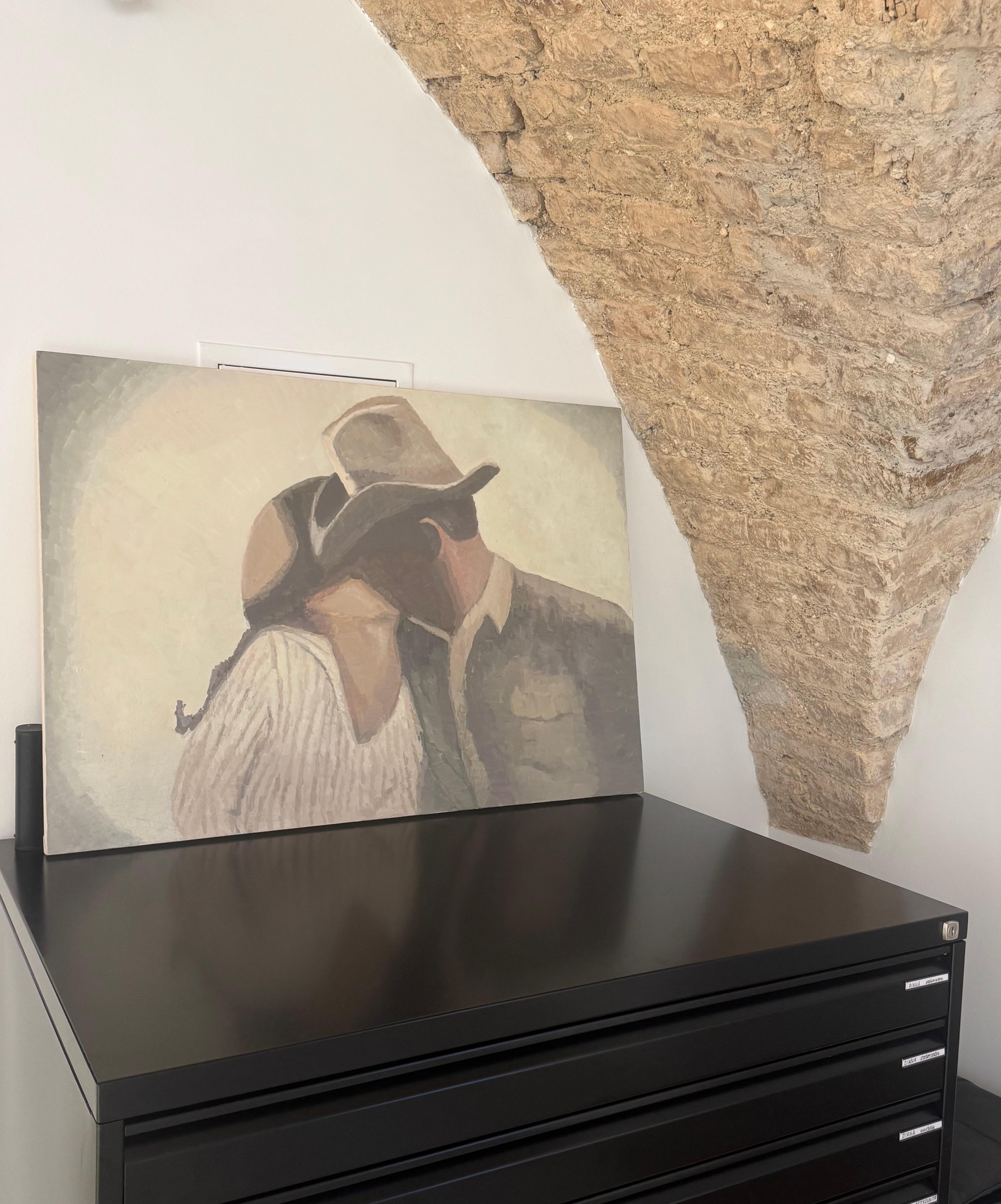 Zeitgenössisches Ölgemälde auf Leinwand - Pastellfarben - Der Kuss im Angebot 5