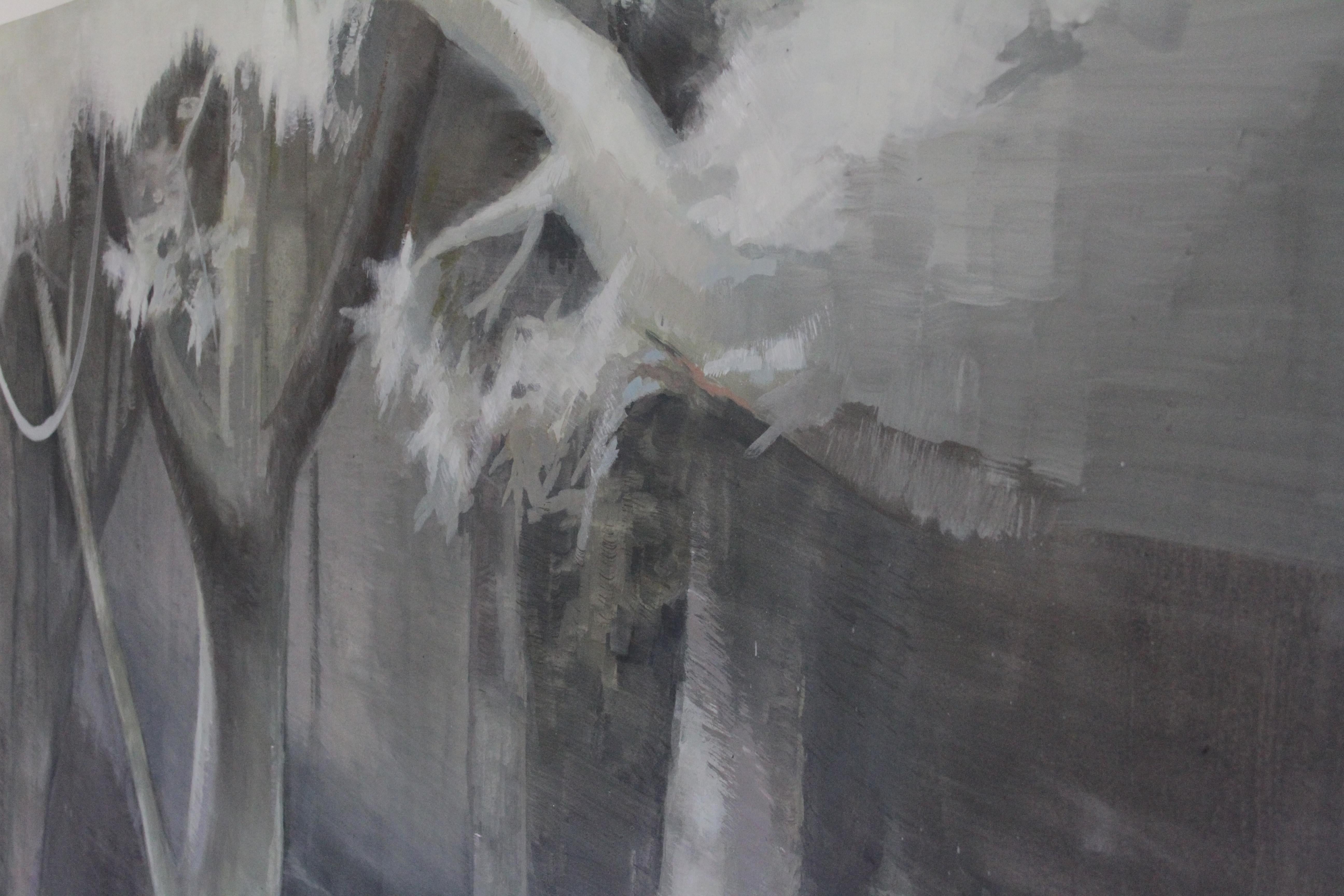 Contemporary Oil Painting on Canvas - Theatrical Misty Forest - Emerging Artist - Gray Landscape Painting by Gabija Pritkovaite