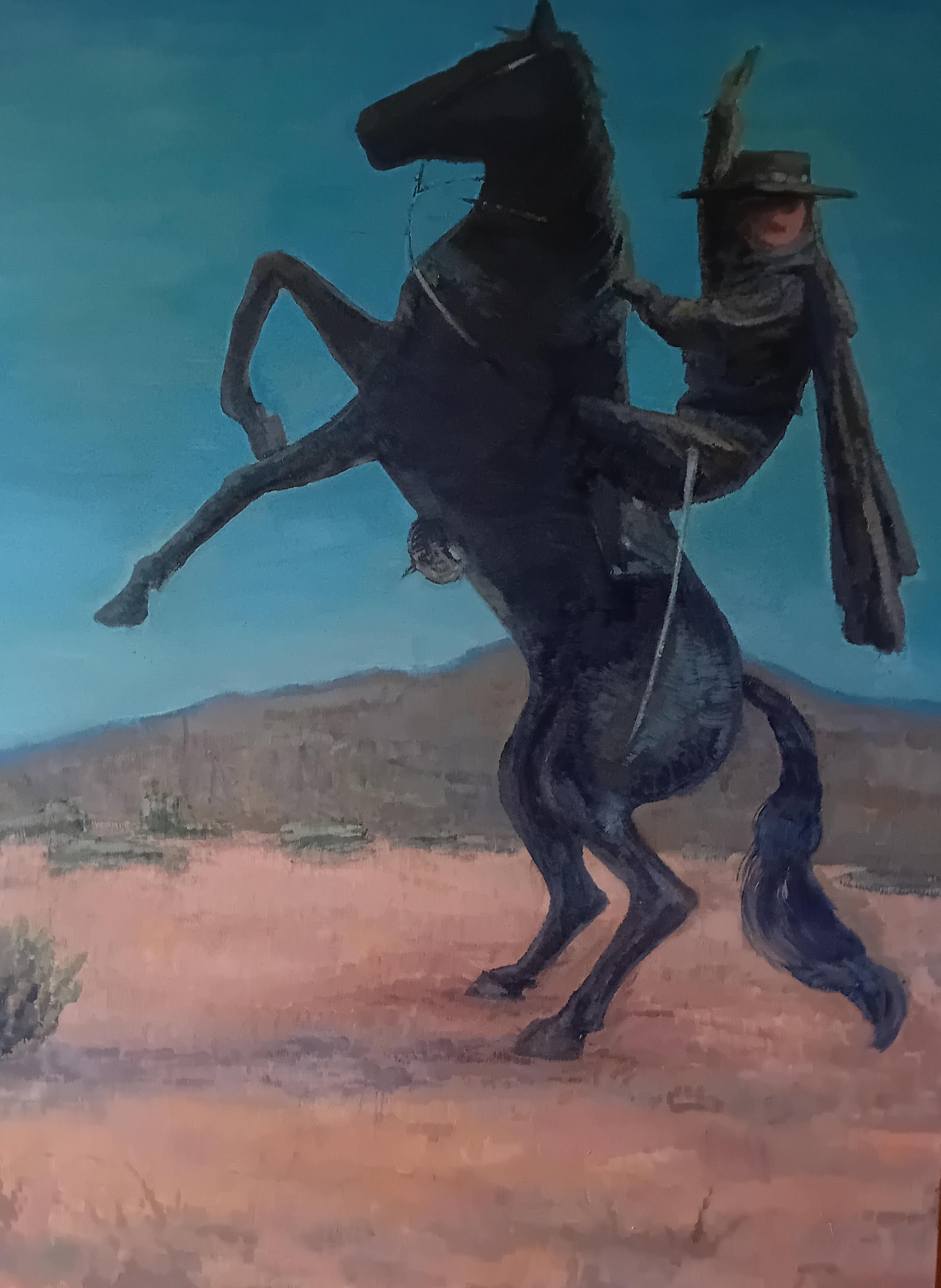 Großes Öl auf Leinwand Landschaftsgemälde mit dem Reiter - Emerging Artist