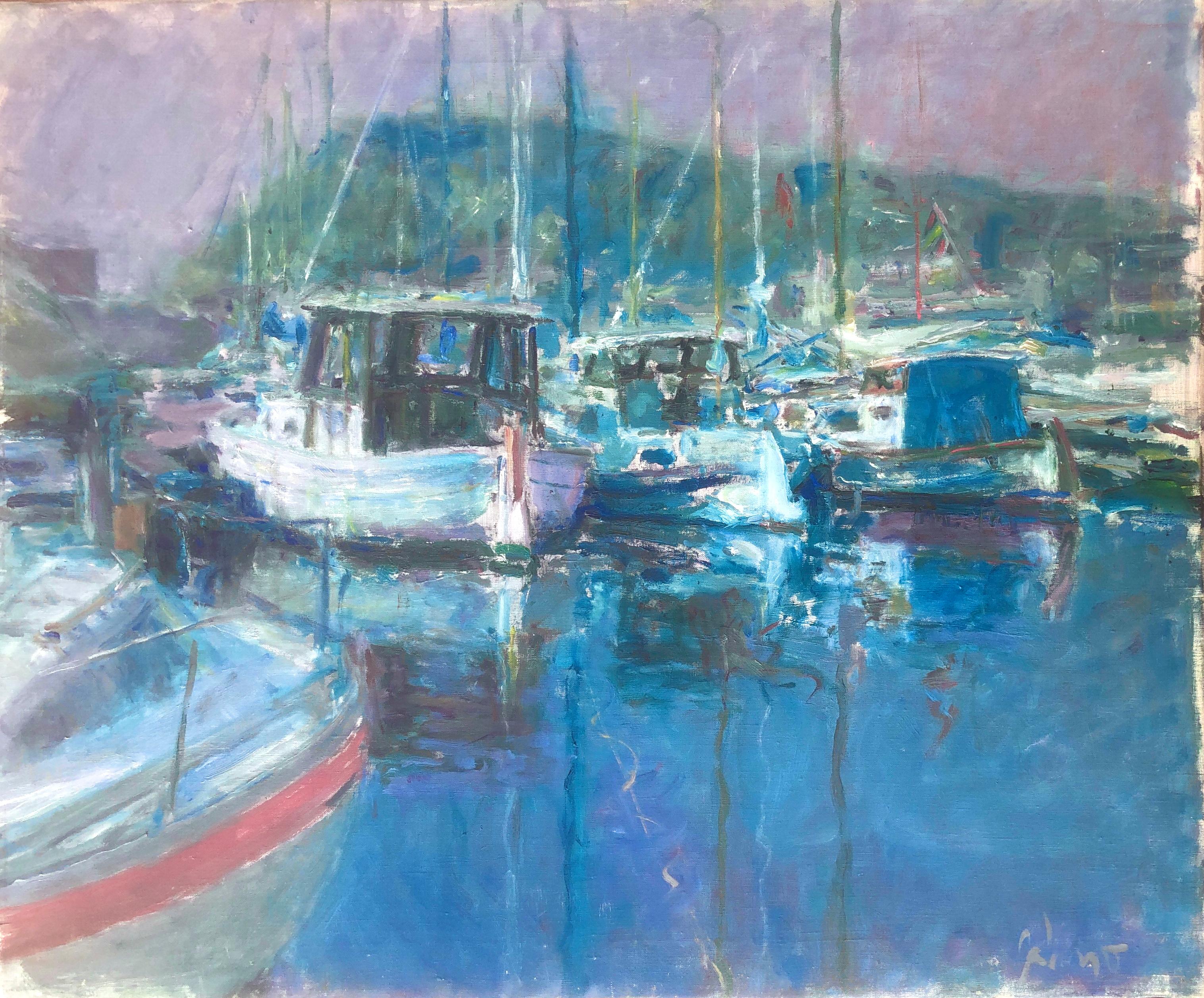Gabino Rey Santiago Landscape Painting - Barcelona fishing port oil on canvas painting spanish seascape