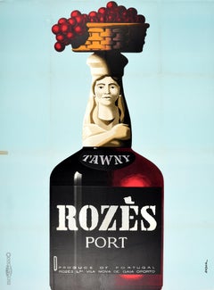 Original Vintage Drink Advertising Poster Tawny Rozes Port Wine Portugal Oporto