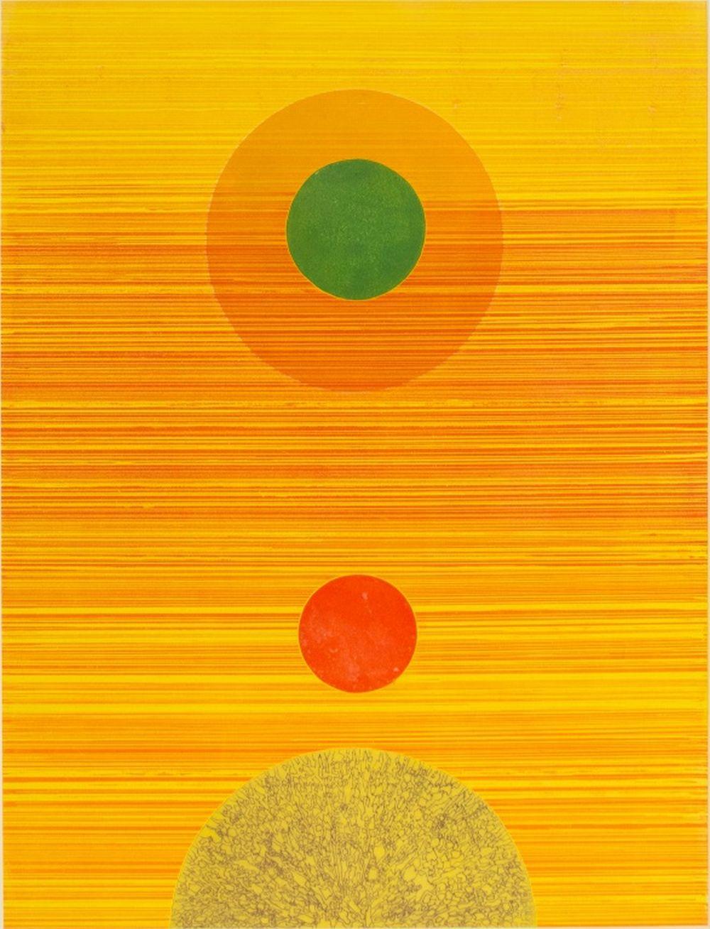 Gabor Peterdi (Ungar/Amerikaner, 1915-2001), Abstrakte Komposition in Gelb, Radierung in Farben auf Papier, Label verso, silberfarbener Rahmen. Bild: 25,25