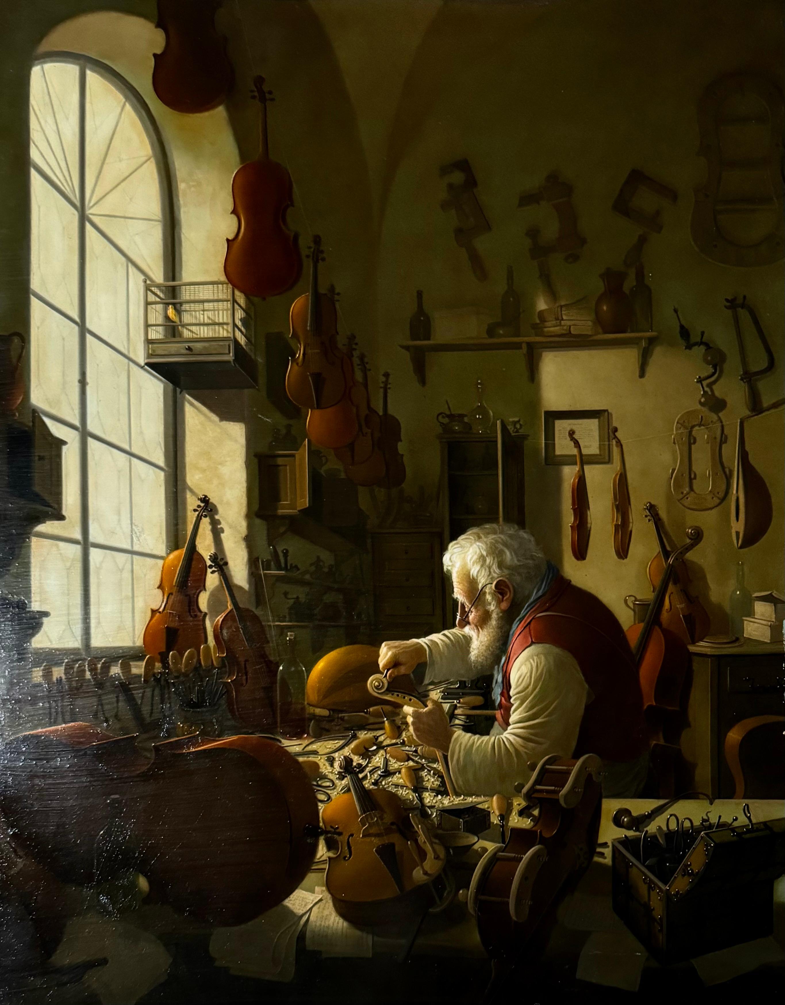 GABOR VIDA Old European Man Violin Maker Workshop Cello Viola  OIL PAINTING