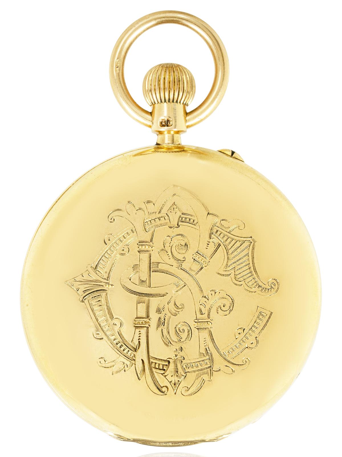 Gabriel London. A Rare 18ct Gold Full Hunter Keyless Lever Pocket Watch C1891.

Dial: The excellent white enamel dial Signed Gabriel London and numbered limited series with Roman numerals outer minute track and subsidiary seconds dial at six