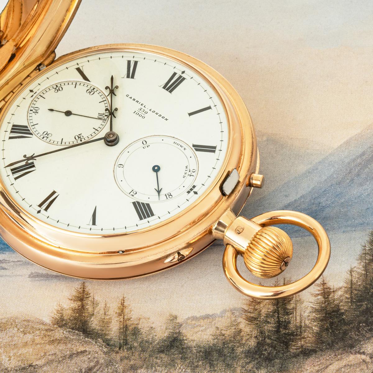 Gabriel. A Very Rare and Important Gold Karrusel Keyless Fusee Lever, Free Sprung with Power Reserve, Half Hunter Pocket Watch C1901

Dial: The excellent cream coloured dial with Roman numeral outer minute track subsidiary seconds at nine o'clock