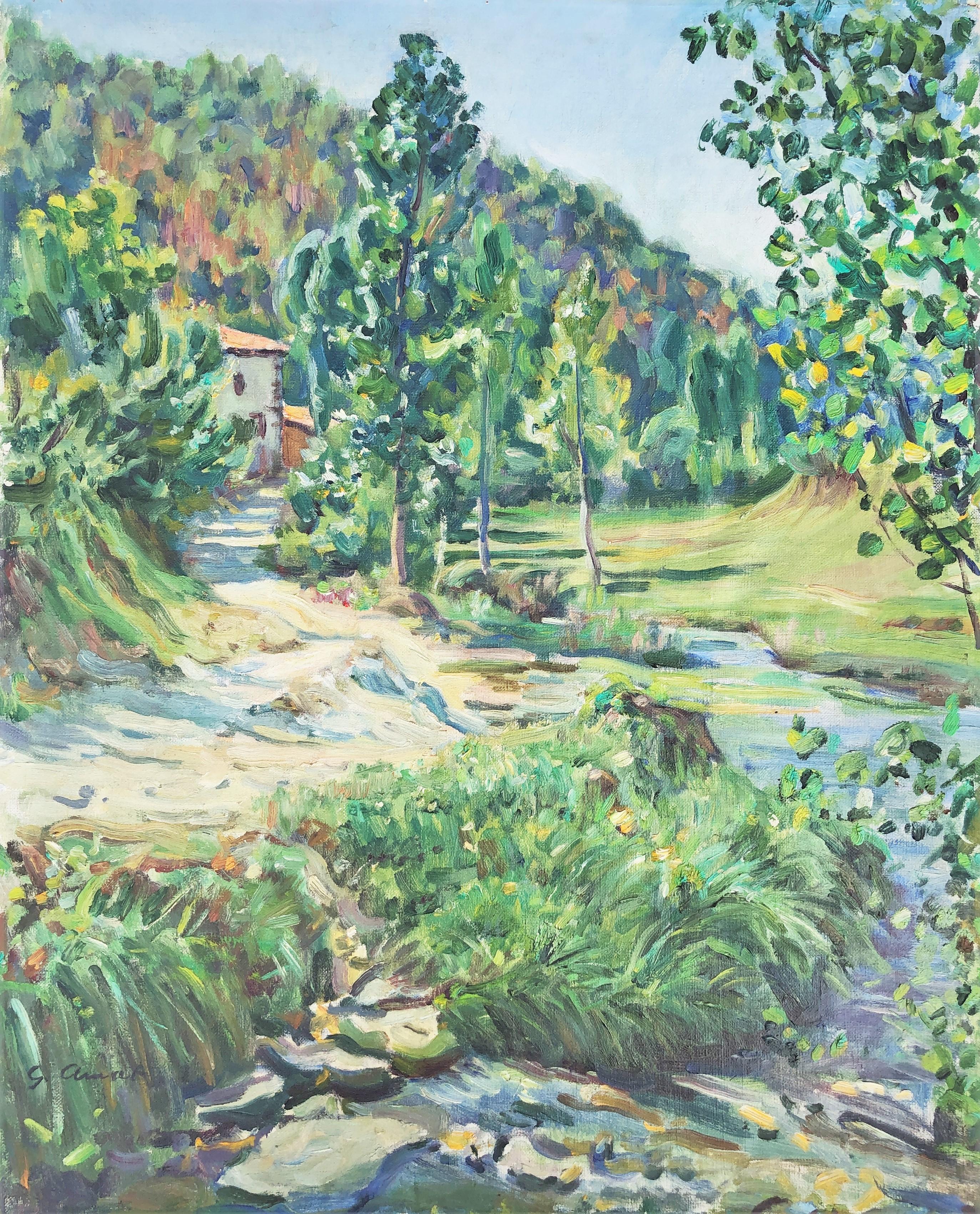 Gabriel Amat Pages Landscape Painting - Landscape with stream spanish landscape oil on canvas painting