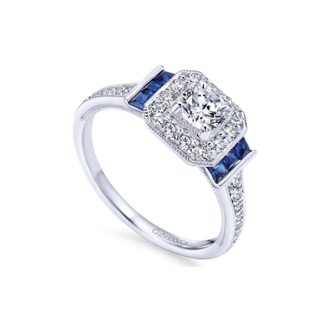 Princess Cut Gabriel and Co Diamond and Sapphire Engagement Ring For Sale