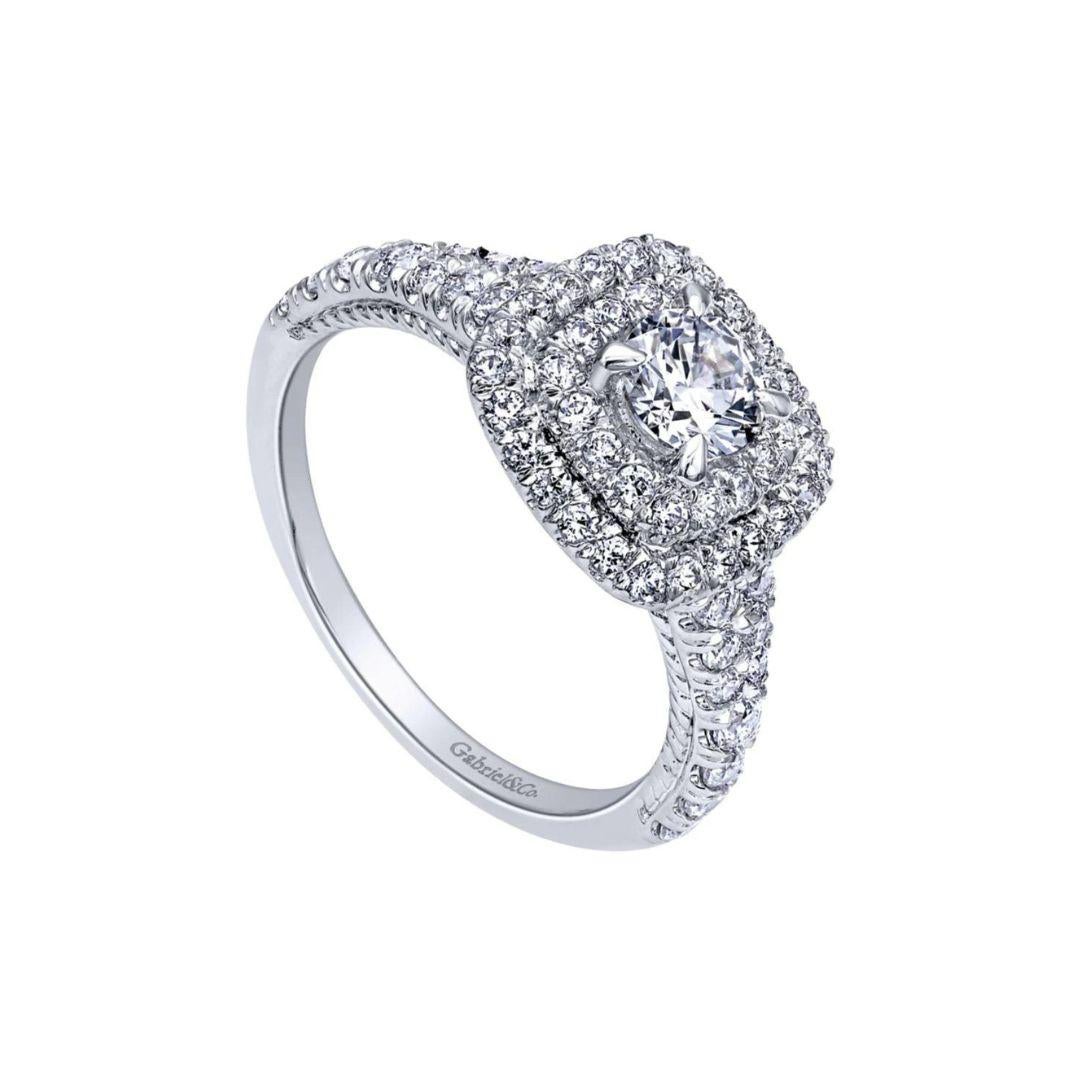 Square Cut Gabriel and Co Double Halo Diamond Engagement Ring For Sale