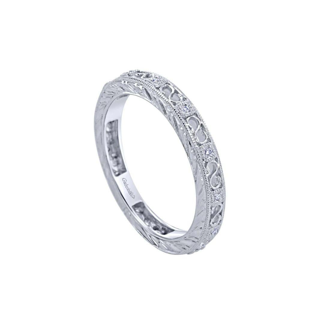 Round Cut Gabriel and Co Filigree White Gold Diamond Band For Sale