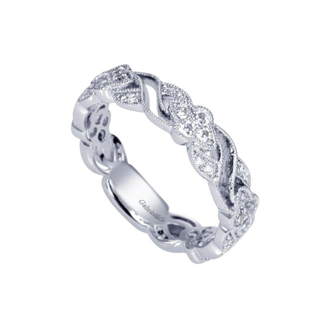 Round Cut   Gabriel and Co Open Weave White Gold Diamond Band For Sale