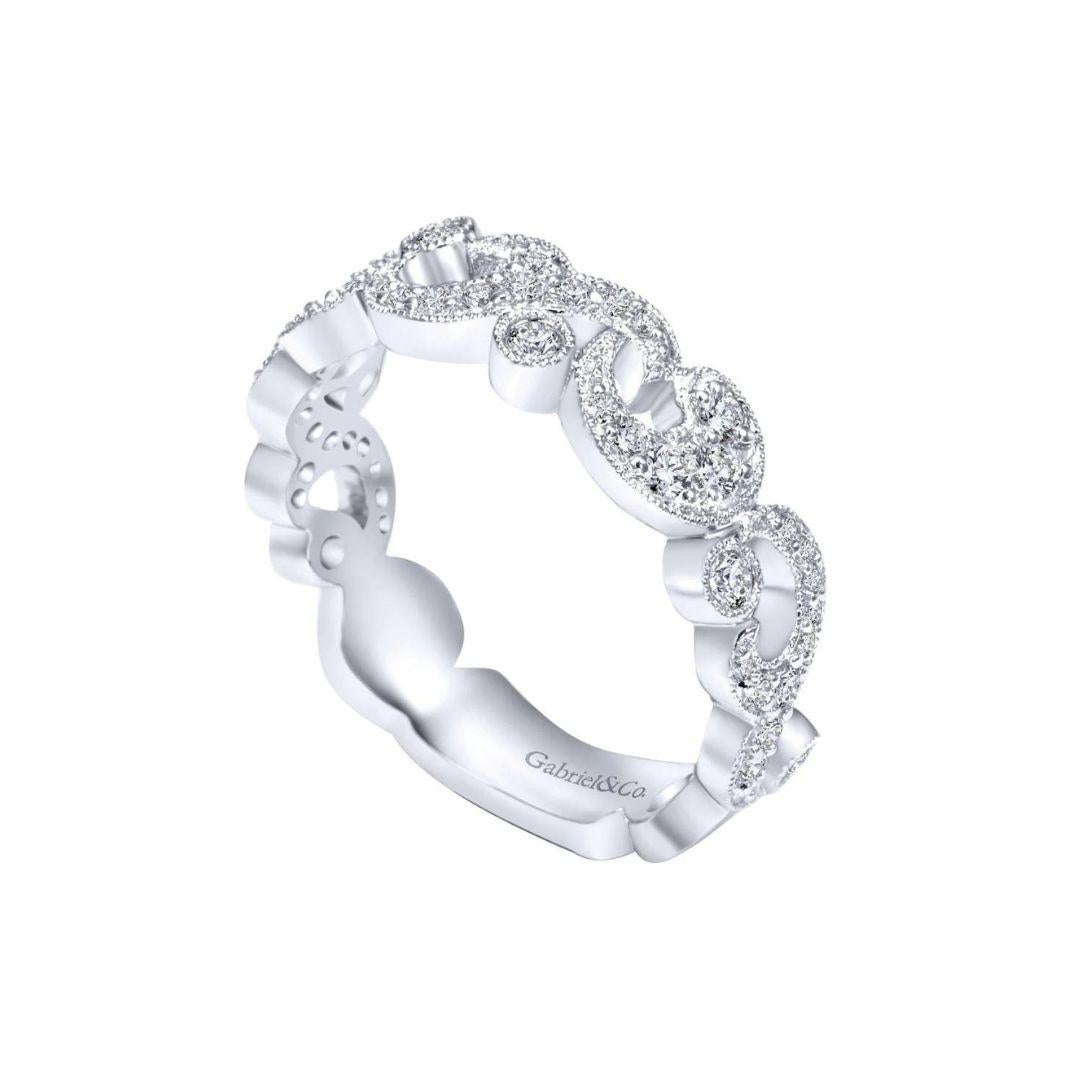 Round Cut Gabriel and Co Pave Filigree White Gold Diamond Band For Sale