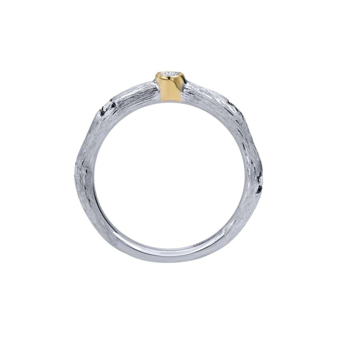 Organic design band in 14k white gold, with a signature diamond set in 14k yellow gold bezel, and two encrusted diamonds in black rhodium. Suitable for a fashion ring, stackable, or as a unique wedding band. Total diamond weight 0.10 ctw, H color,