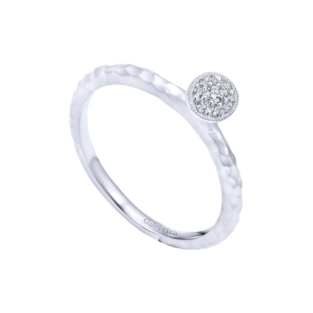 Fashionable diamond pod ring in 14k white gold with hammered finish. Use as a stackable ring in combination with other rings, or on its own. Pod contains 0.06 ctw of fine white round diamonds, all pave set, and framed by romantic milgrain bezel.