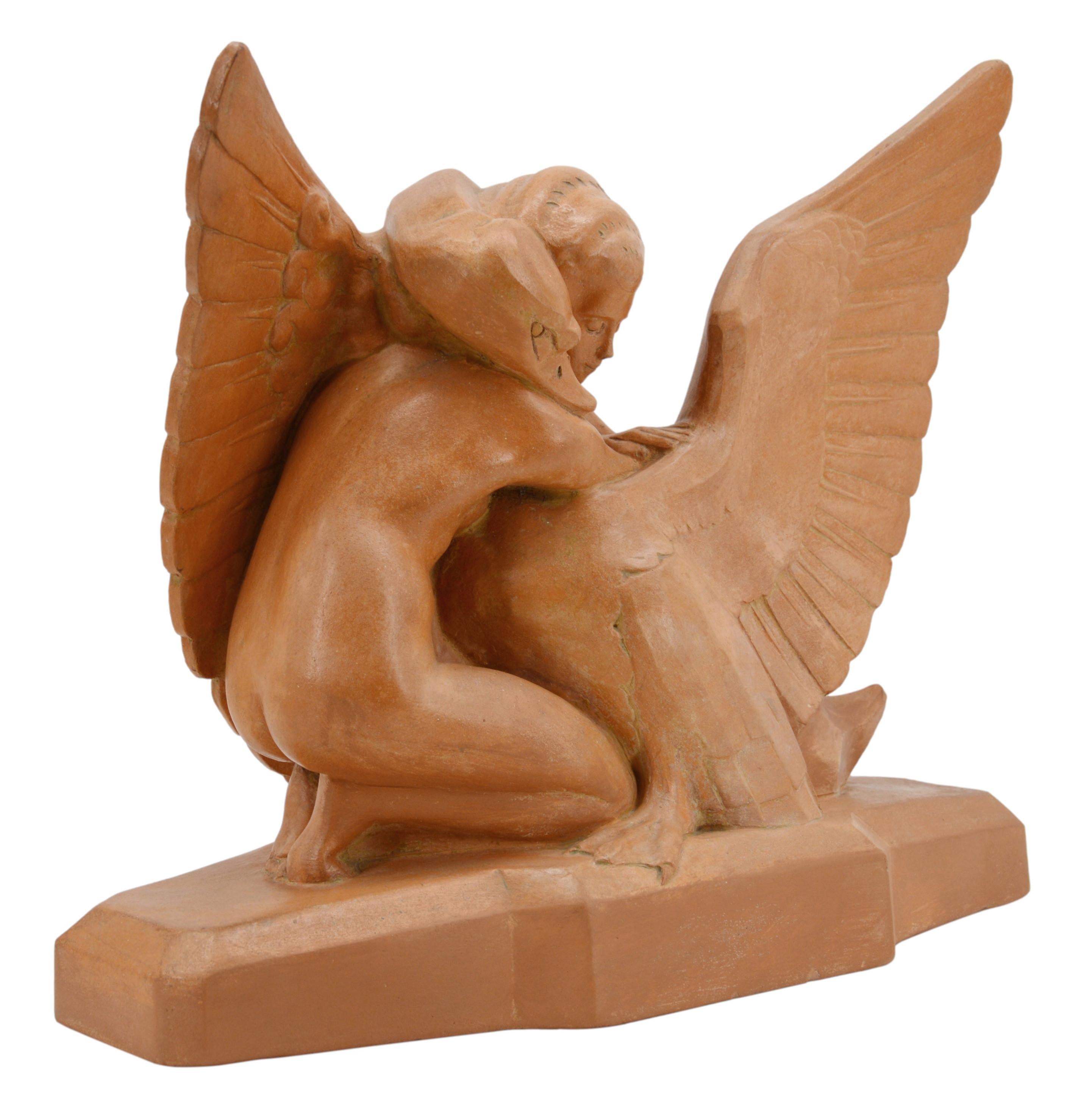 Leda and the swan sculpture by Gabriel Beauvais, France, 1930s. Terracotta. This sculpture was made in crackle glaze ceramic by Kaza Edition in Paris, that is illustrated in 