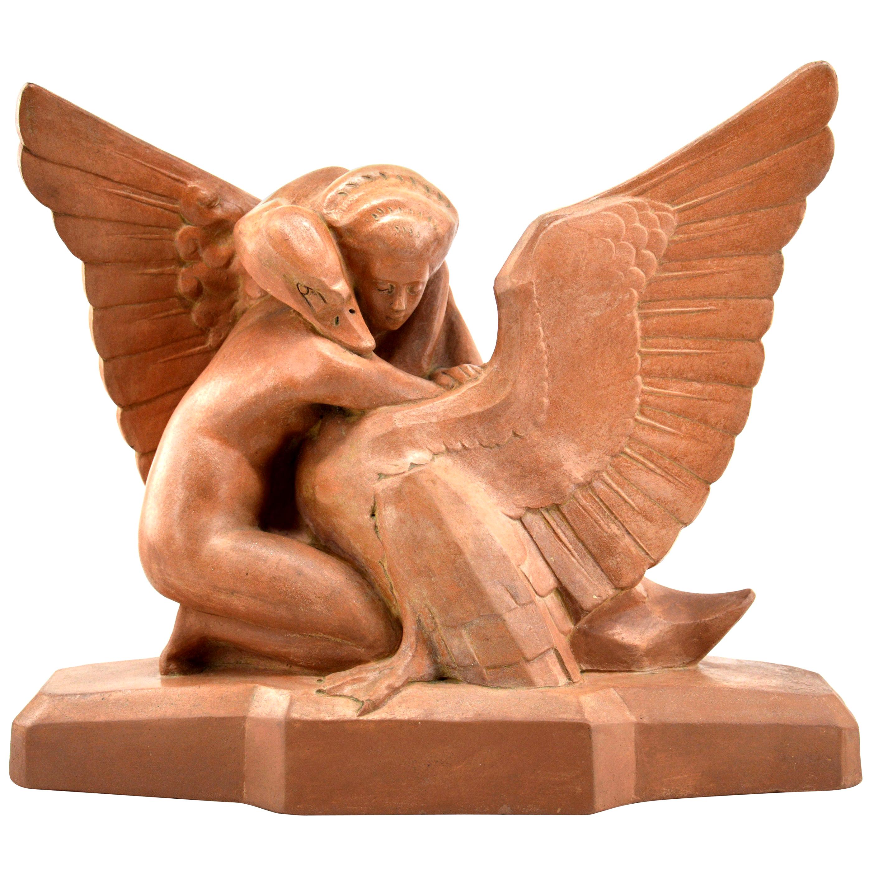 Leda and the Swan, French Art Deco sculpture by Neva at 1stDibs