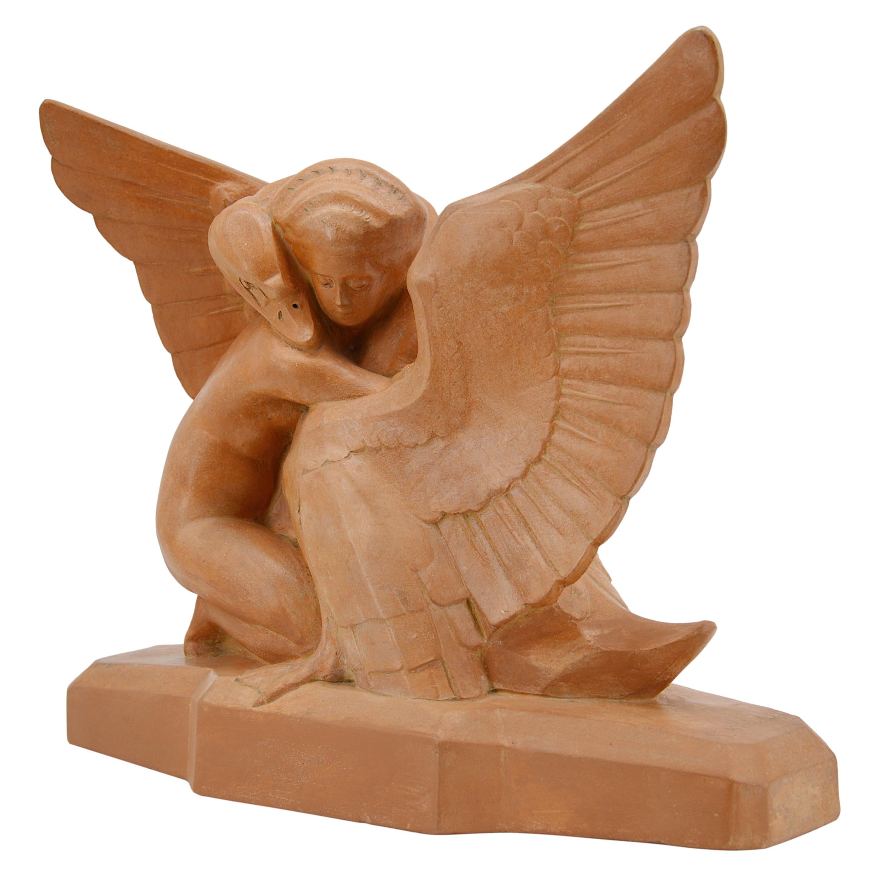French Gabriel Beauvais Rare Art Deco Terracotta Sculpture Leda and the Swan, 1920 For Sale