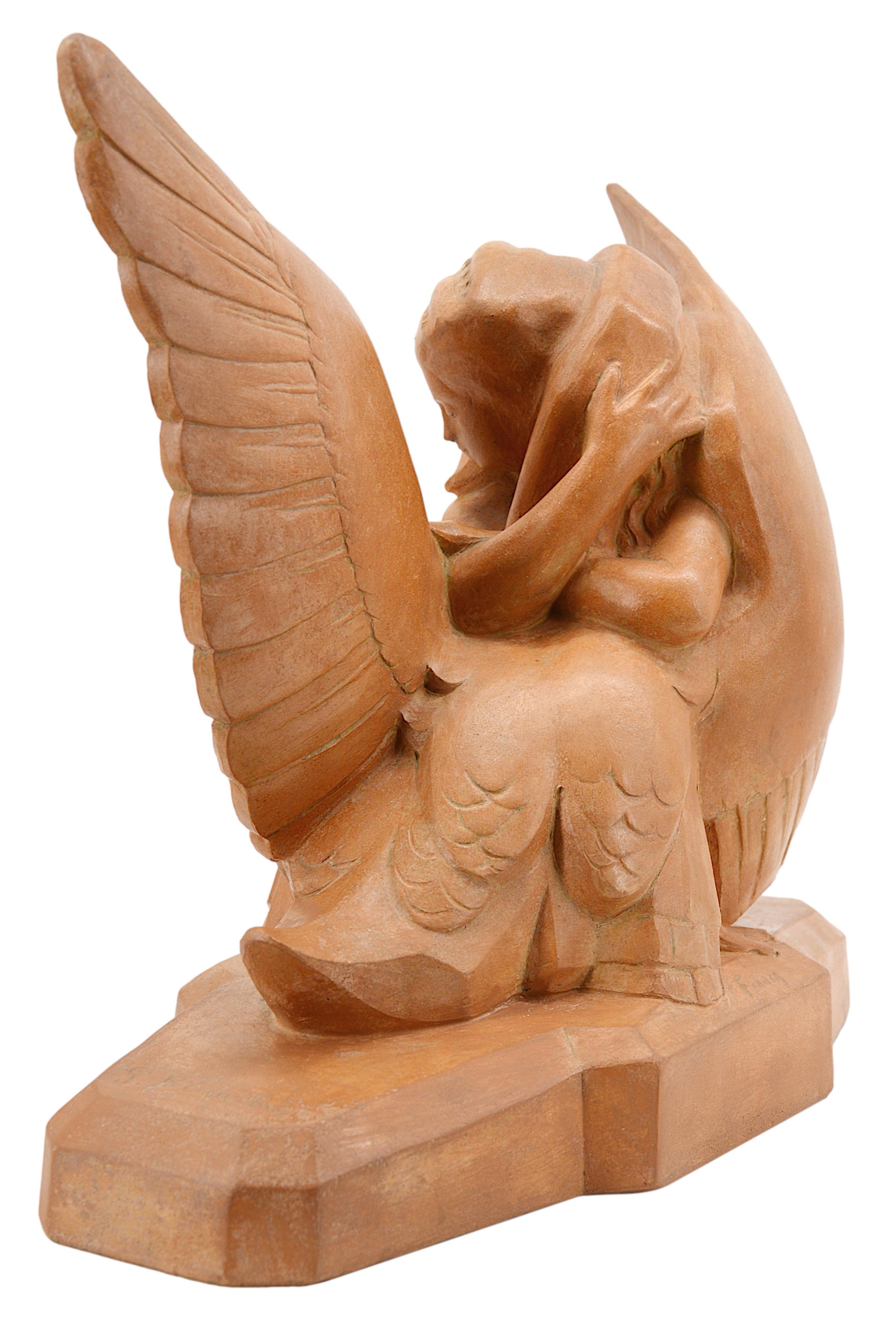 Early 20th Century Gabriel Beauvais Rare Art Deco Terracotta Sculpture Leda and the Swan, 1920 For Sale