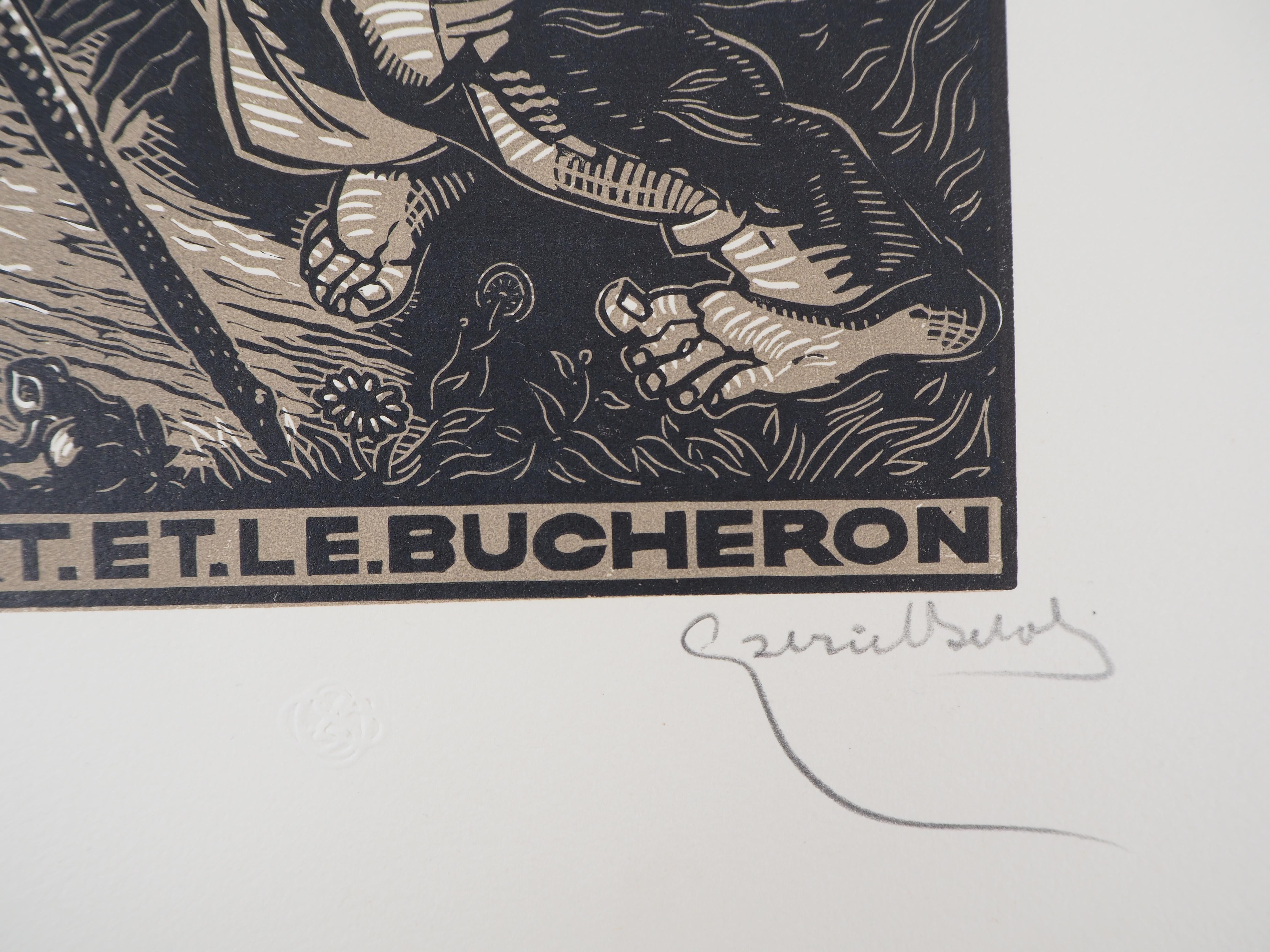 Gabriel BELOT (1882-1962)
Death and the Woodcutter, 1925

Original woodcut
Handsigned in pencil
Numbered /160
On vellum 32.5 x 25.5 cm (c. 13 x 10 in)
Bears the blind stamp of the editor 'Imagier de la Gravure sur Bois' (Lugt 1140a)

Excellent