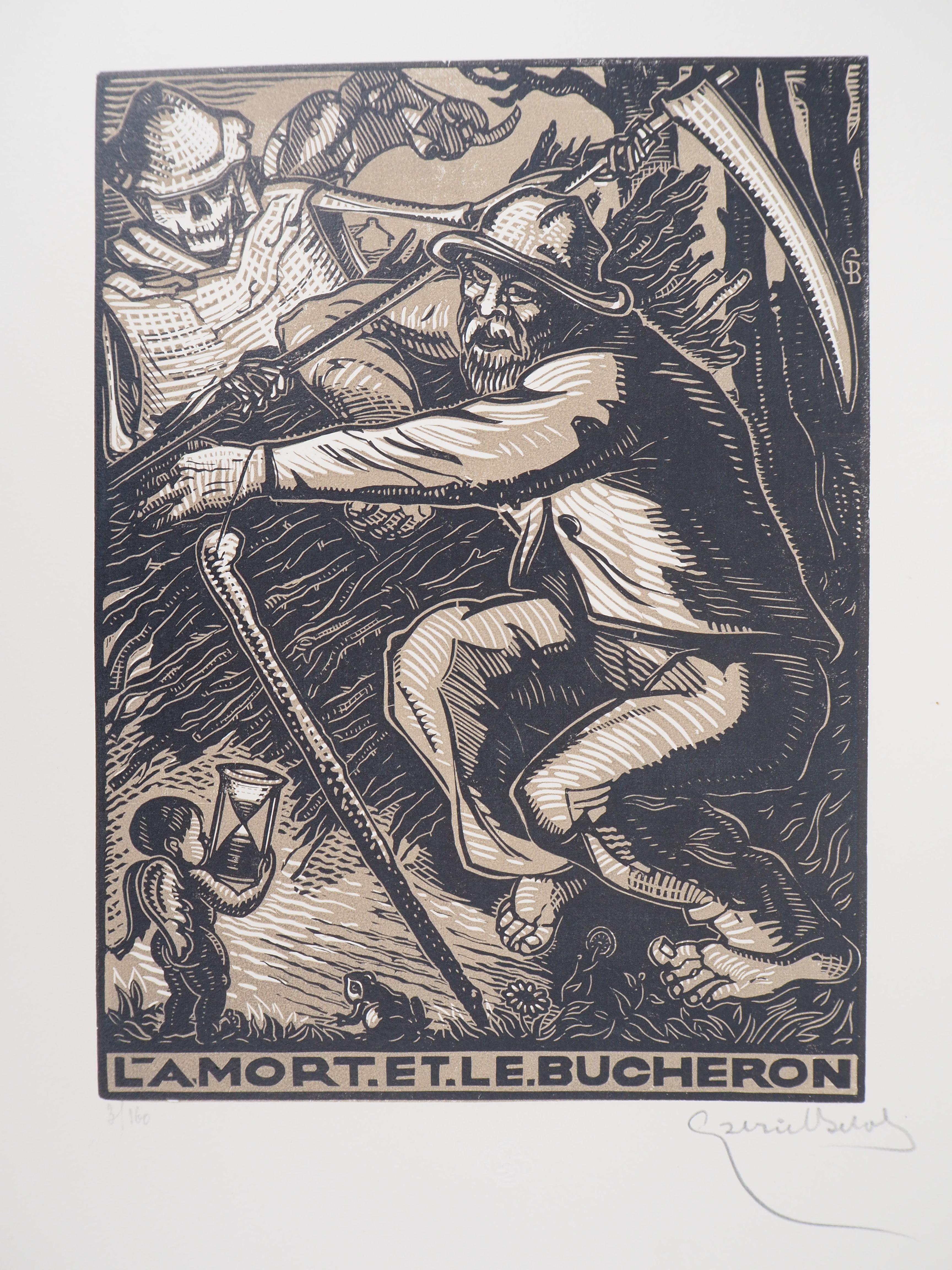Gabriel Belot Figurative Print - Death and the Woodcutter - Original wooodcut, Handsigned and numbered / 160