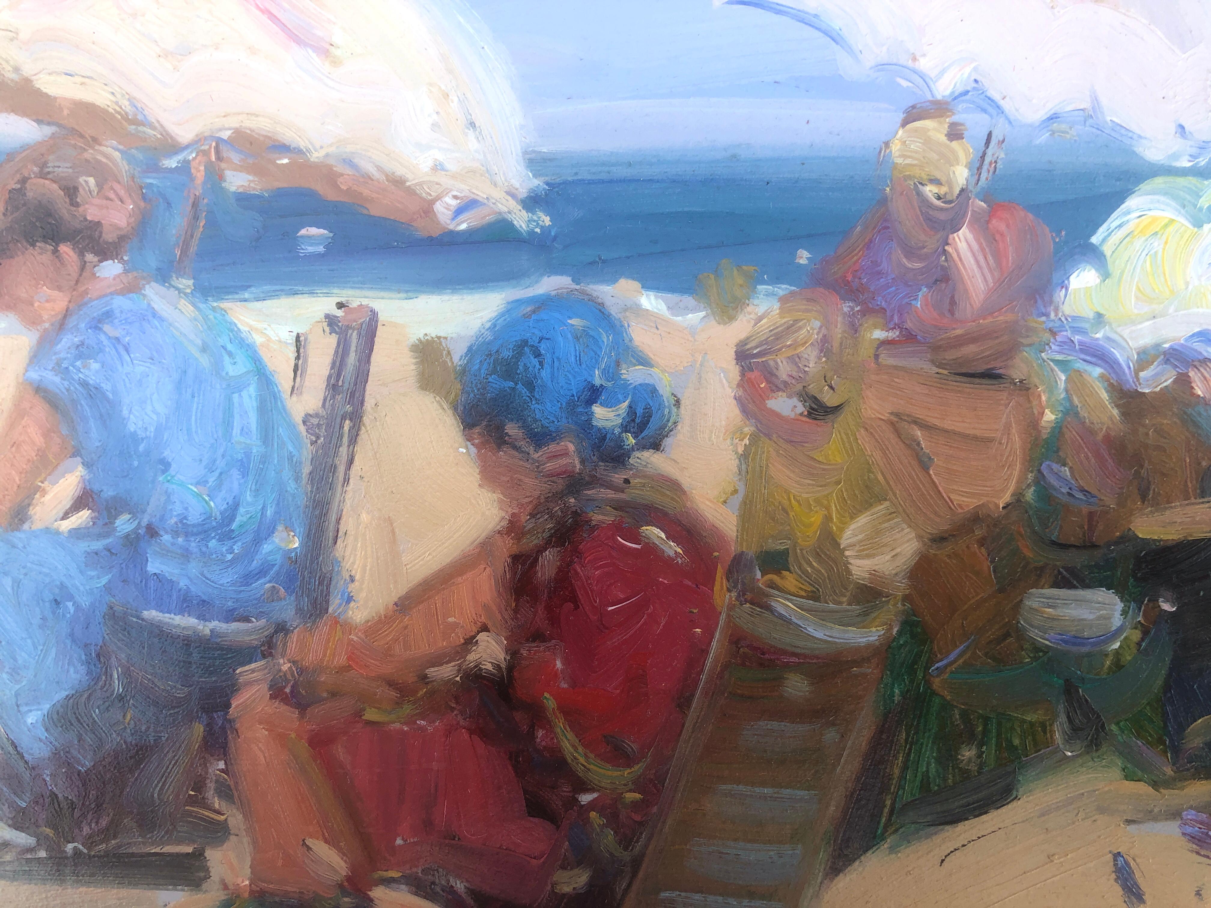 Jour de plage Espagne huile sur carton peinture paysage marin espagnol en vente 1