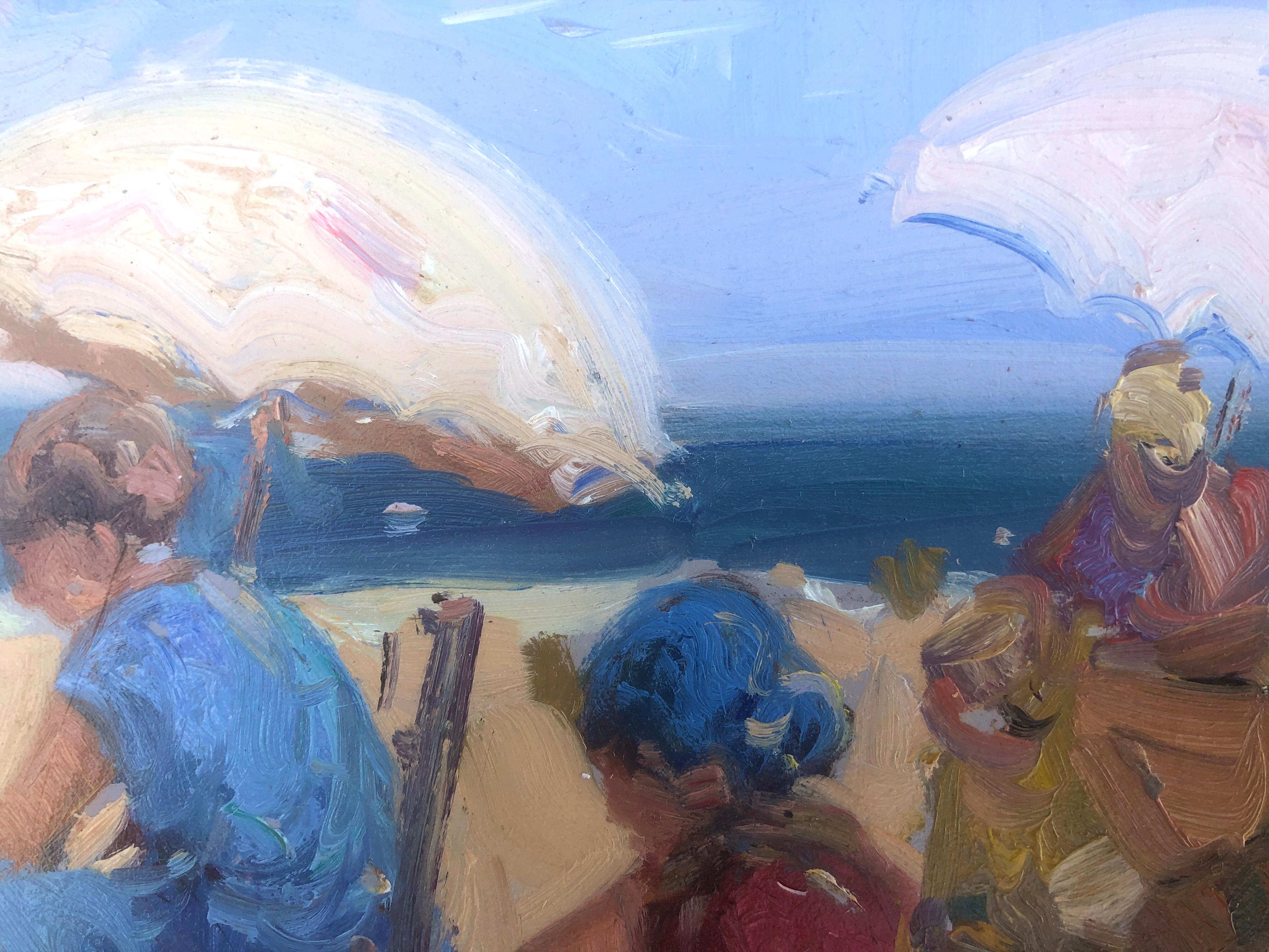 Jour de plage Espagne huile sur carton peinture paysage marin espagnol en vente 2